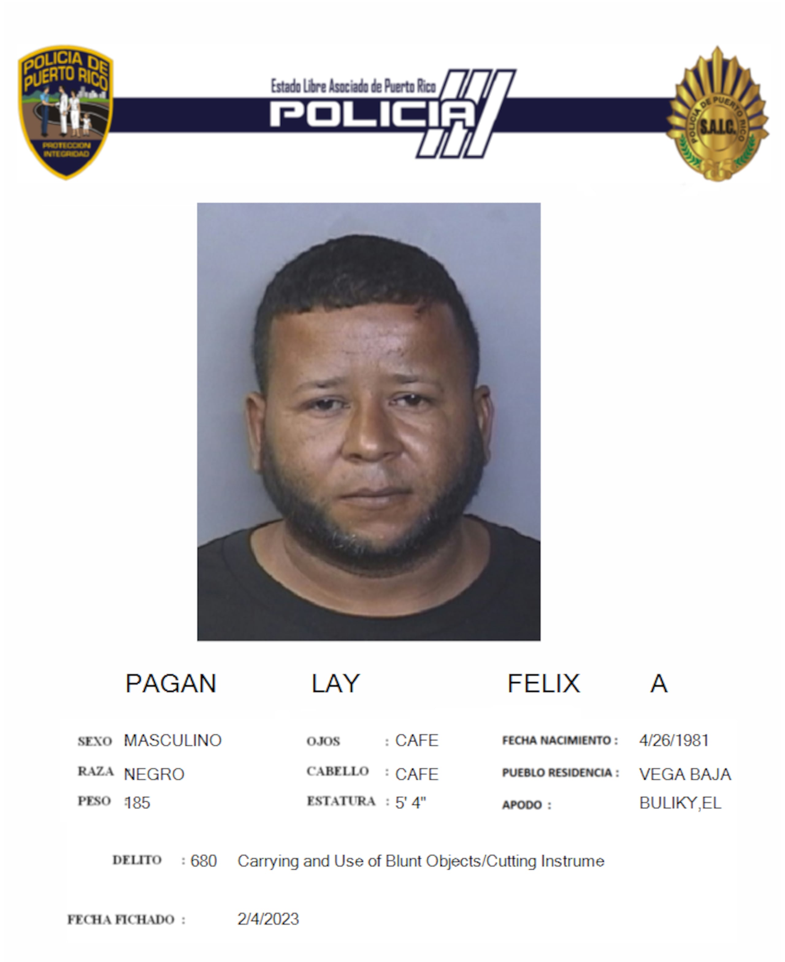 Ficha policíaca de Félix A. Pagán Lay.