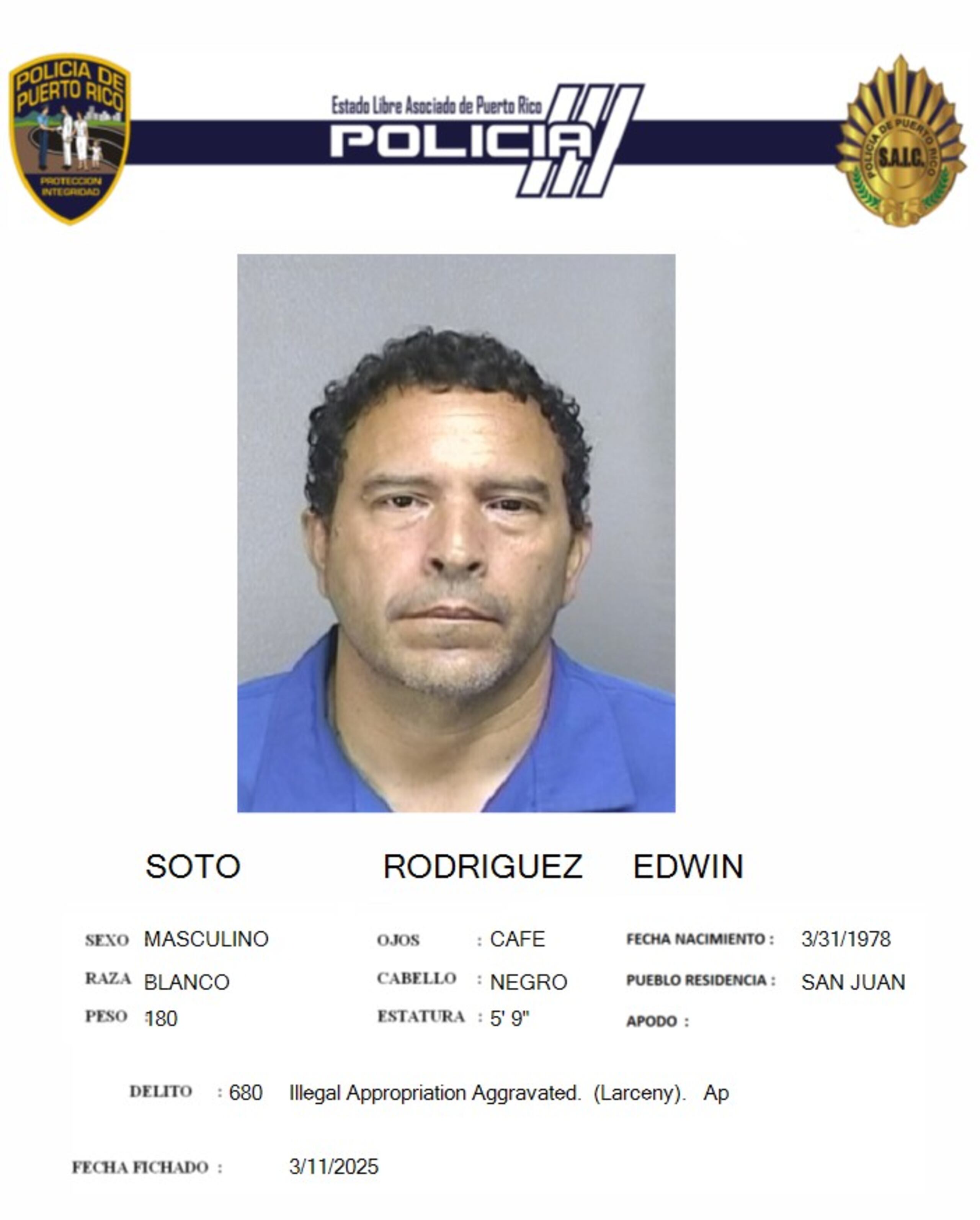 Ficha policíaca del imputado, Edwin Soto Rodríguez.