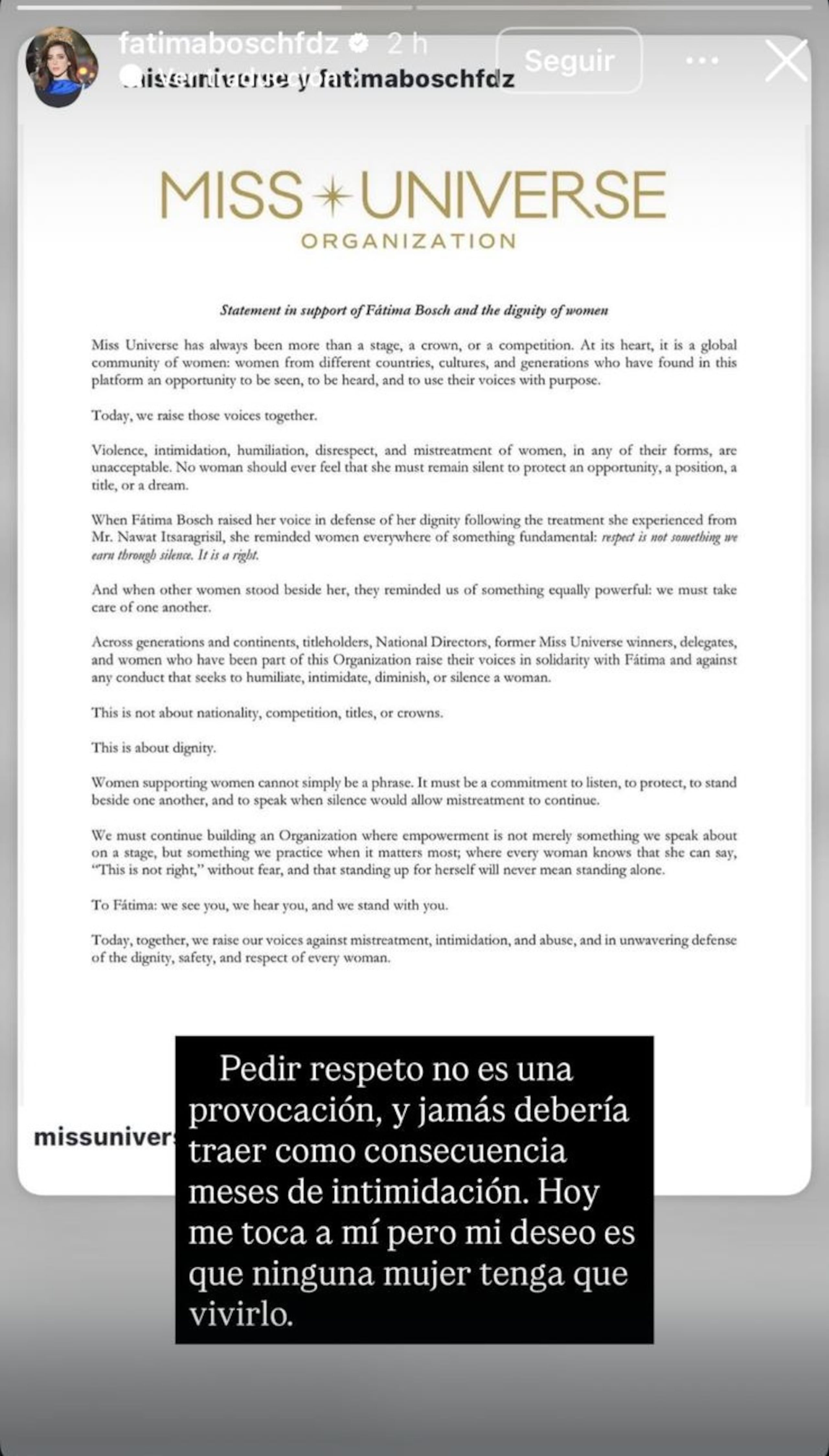 Respuesta de Fátima Bosch en Instagram.