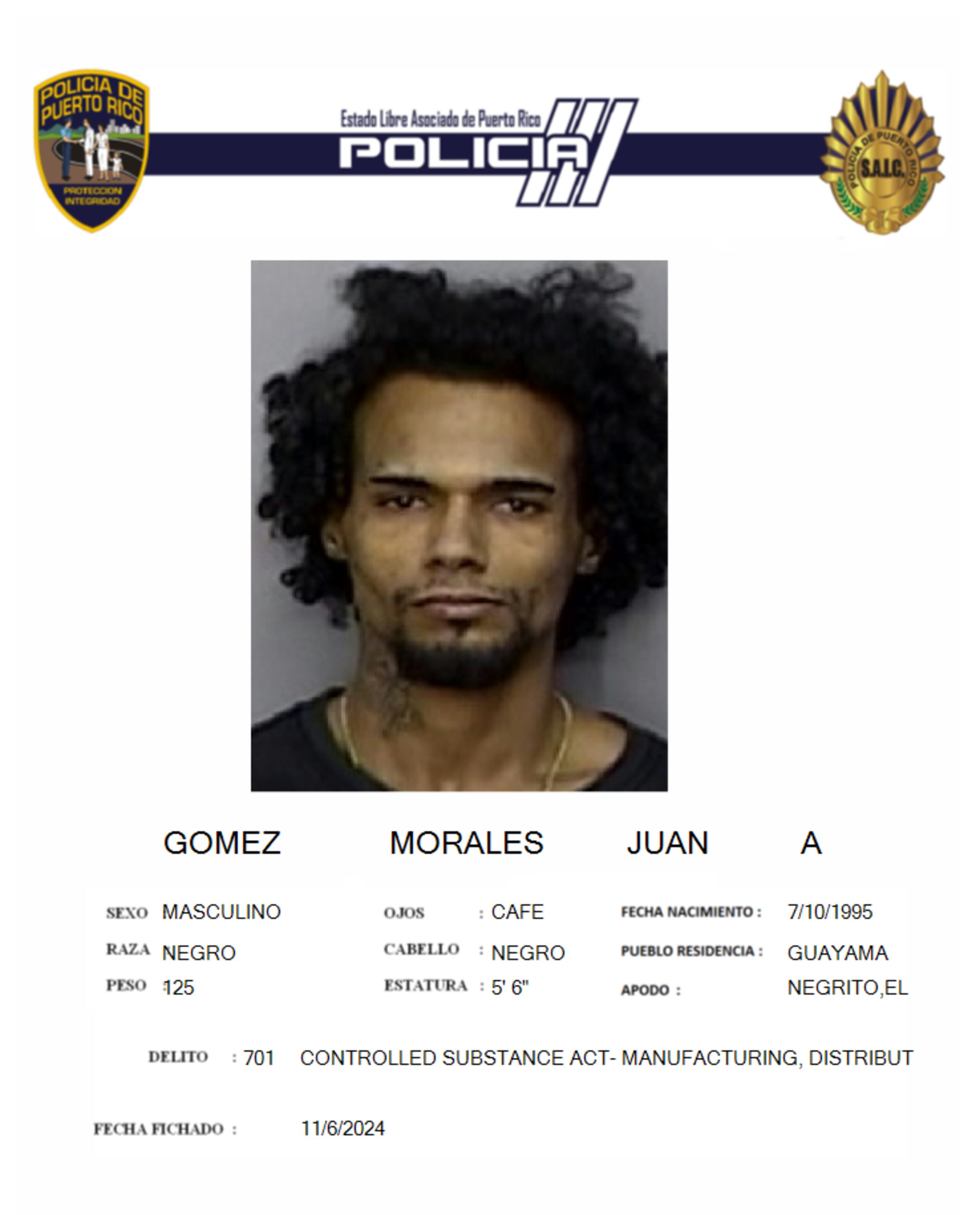 Juan A. Gómez Morales, está acusado por violación a la Ley de Sustancias Controladas.