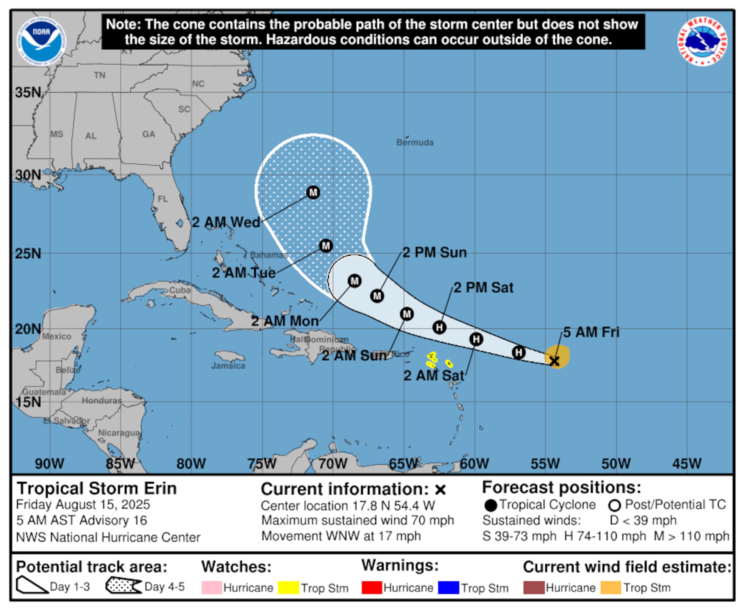 Boletín de la tormenta tropical Erin emitido a las 5:00 de la mañana por el Centro Nacional de Huracanes.