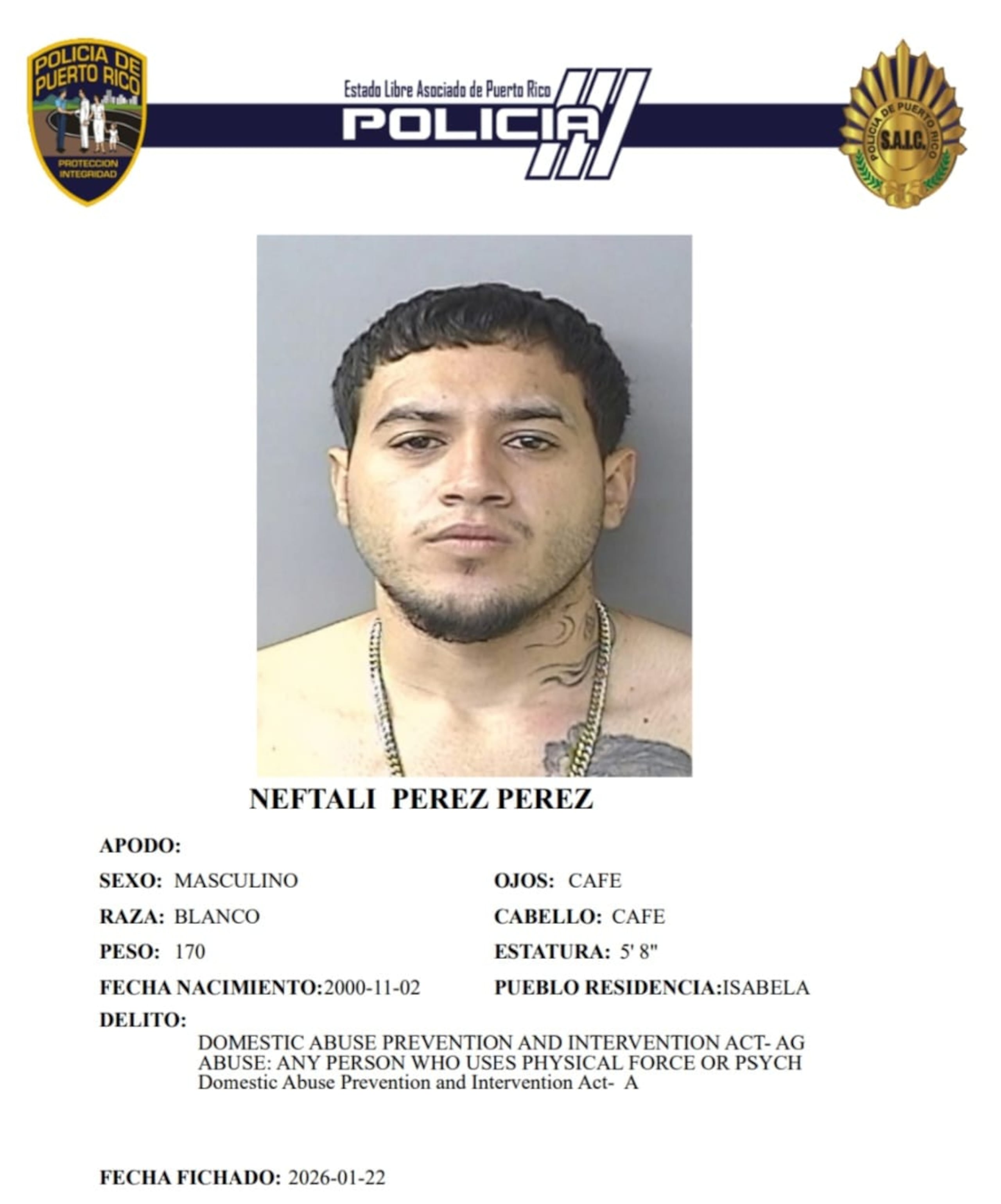 Neftalí Pérez Pérez, quien figuraba en la lista de Los Más Buscados del área de Aguadilla, fue arrestado por cargos de violencia doméstica.
