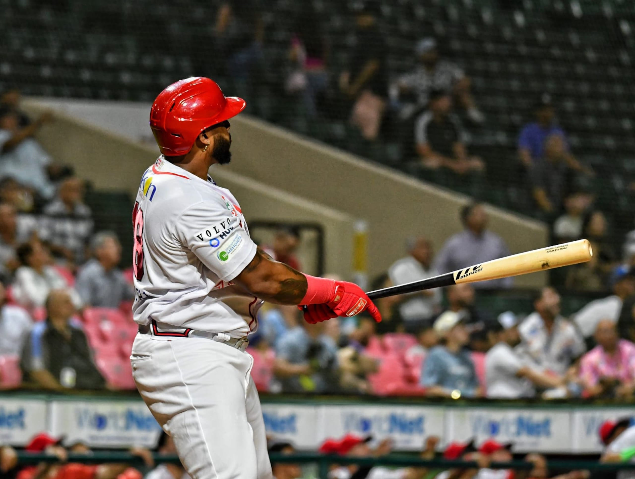 Nelson Velázquez, de los Criollos, al sacudir un cuadrangular ante los Leones en el Estadio Francisco "Paquito" Montaner, en Ponce.