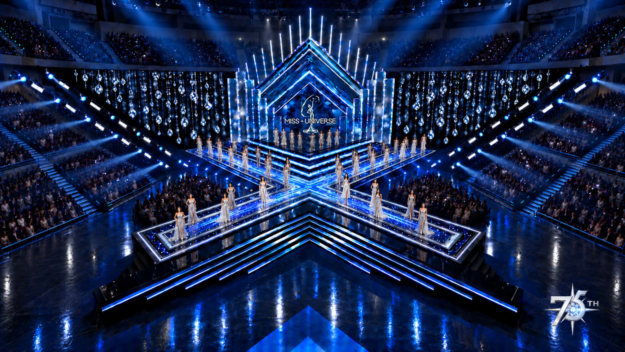 Vista frontal del escenario diseñado para Miss Universe en Puerto Rico.