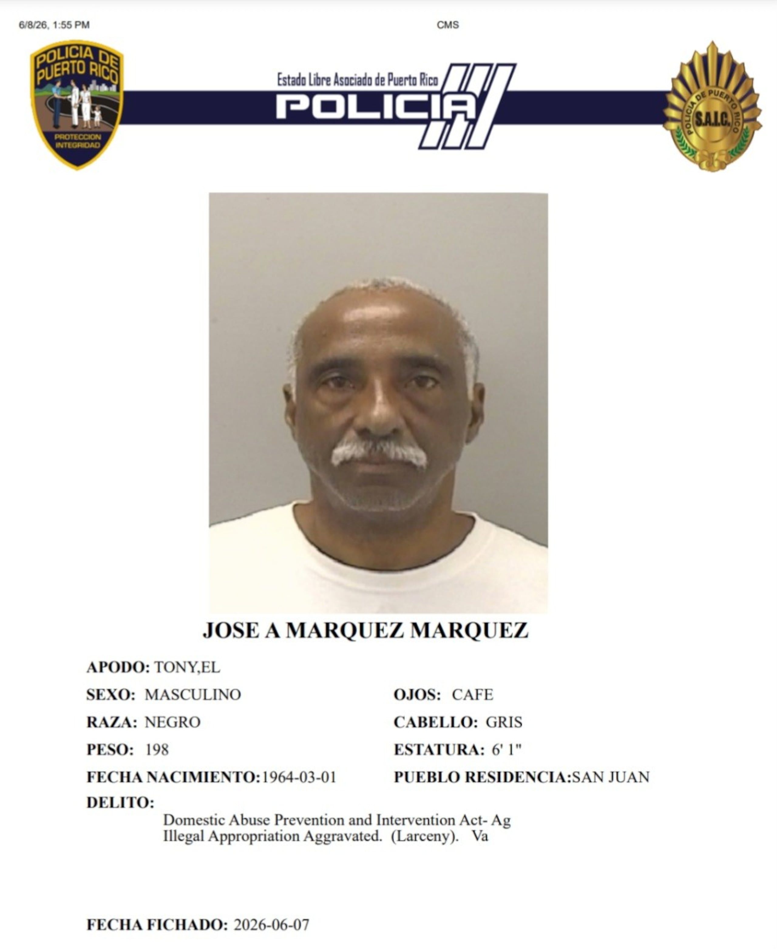 José A. Márquez Márquez, enfrenta cargos por violencia doméstica y apropiación ilegal agravada.