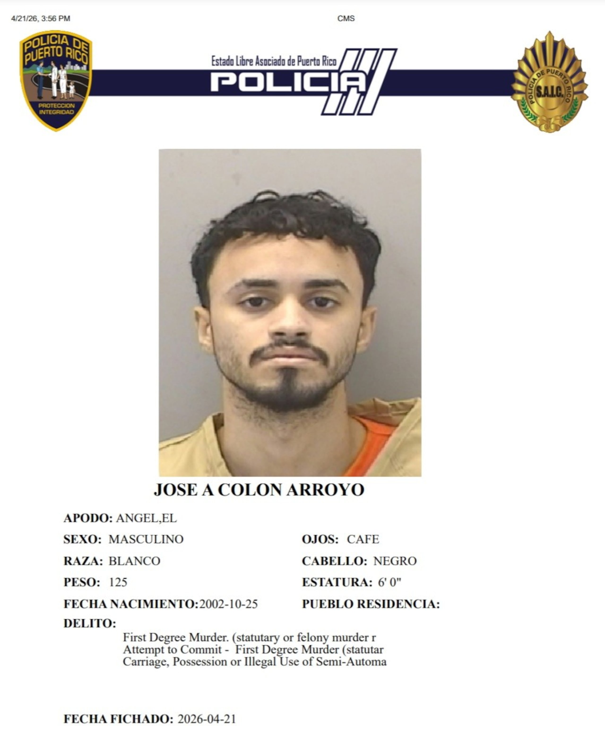 José A. Colón Arroyo, de 23 años, enfrenta cargos junto a otros dos imputados por el asesinato de un agente de la División de Drogas de Ponce, en una operación encubierta.