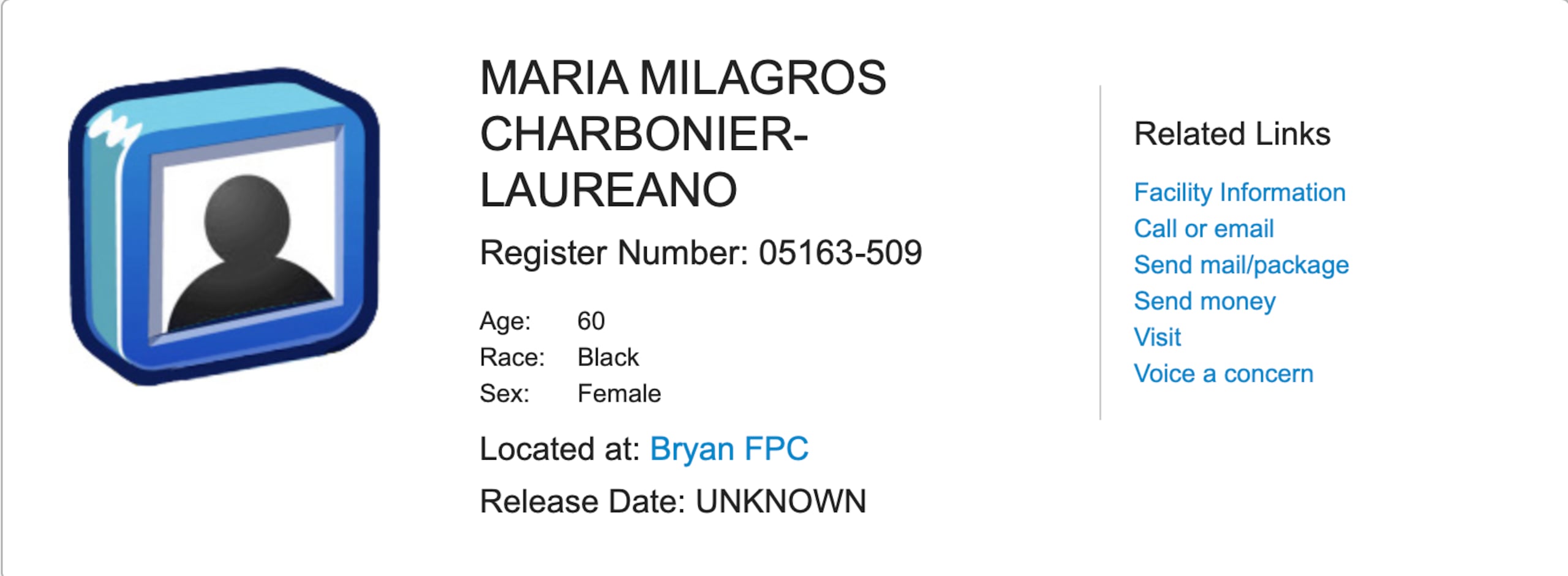 María Milagros "Tata" Charbonier ingresó al Campamento Penal Federal en la ciudad de Bryan, Texas.