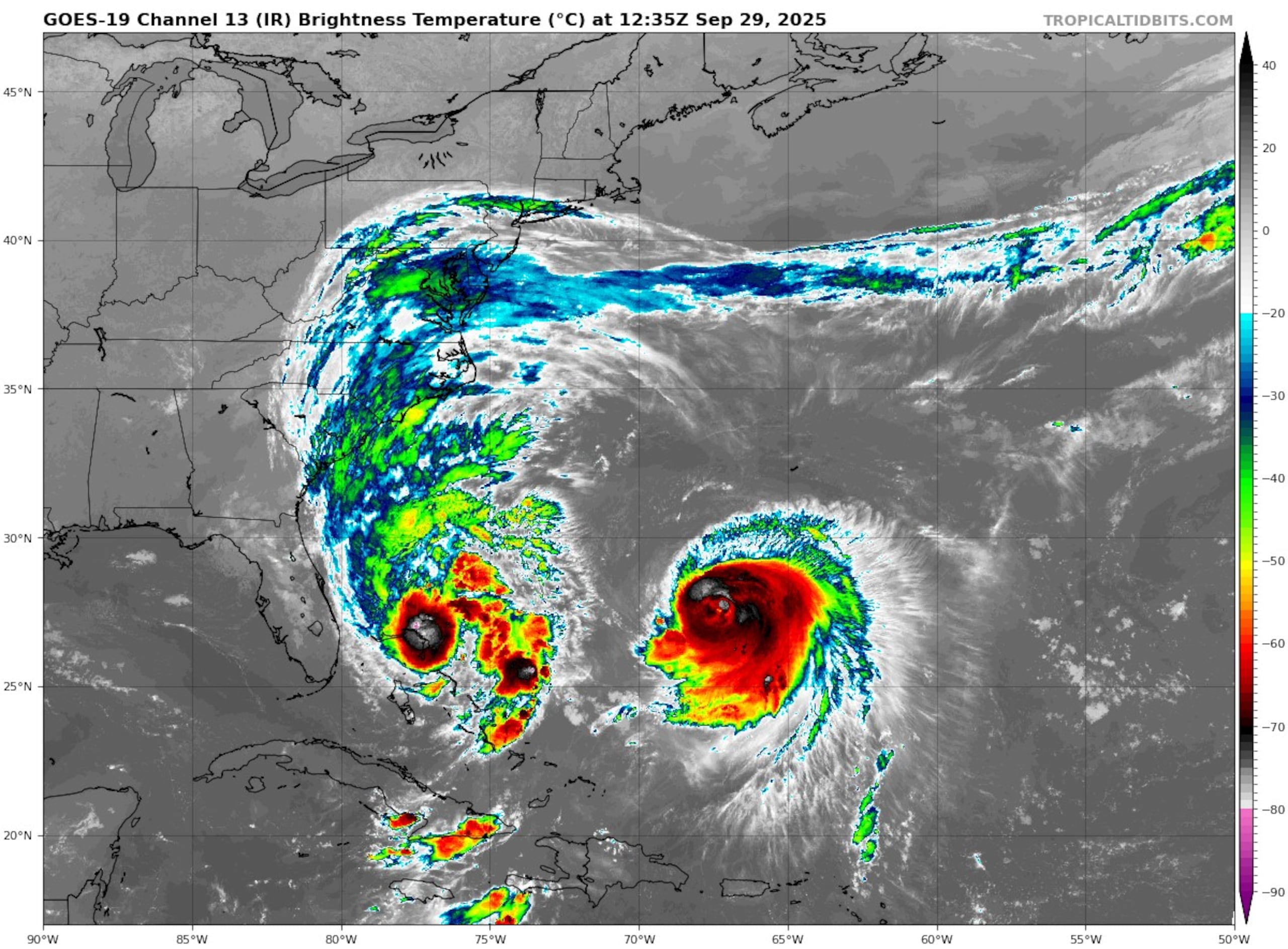 La tormenta tropical Imelda sobre Bahamas y al este de ella el huracán Humberto. (NOAA)