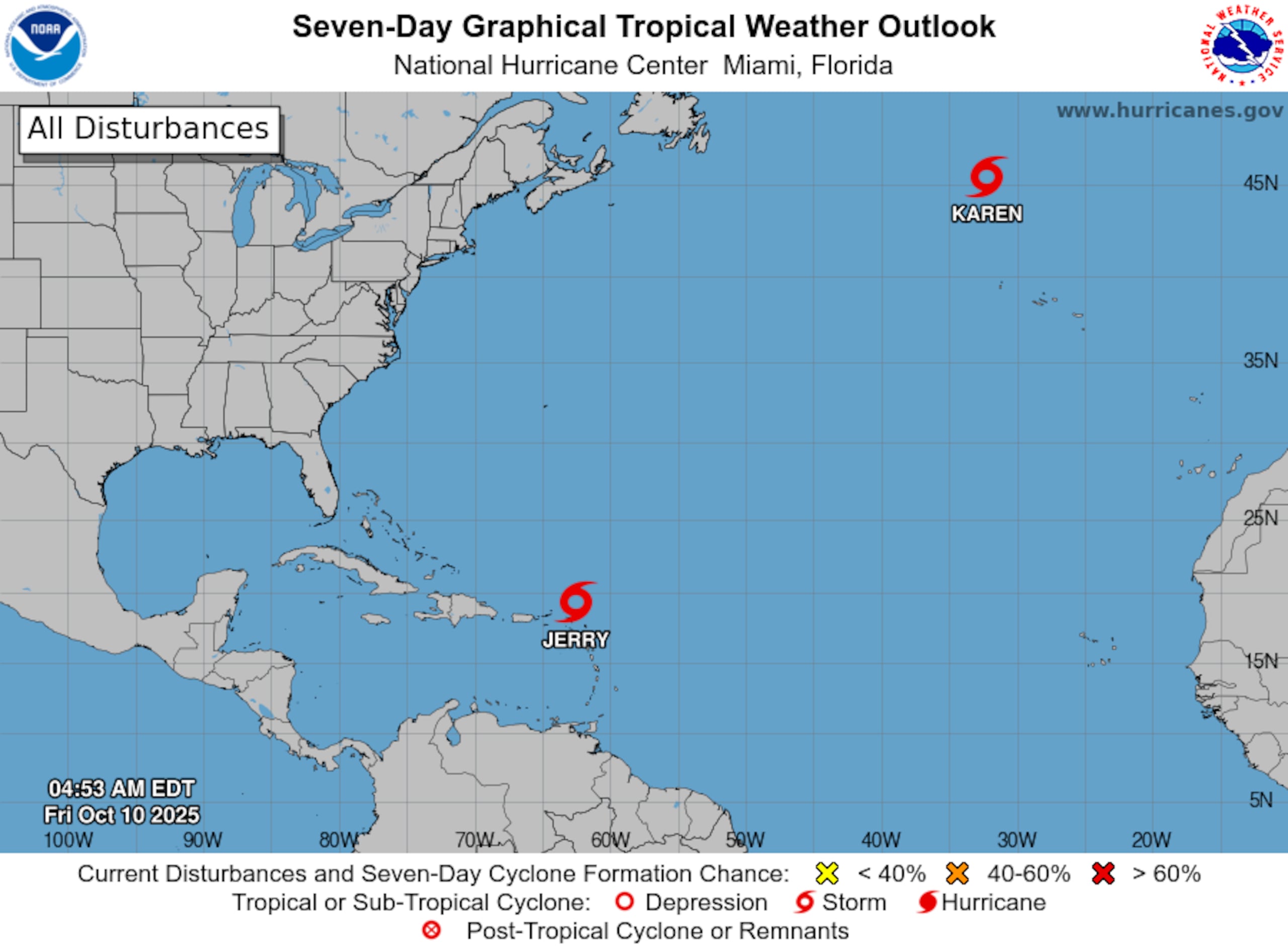 La tormenta subtropical Karen está en aguas abiertas del Atlántico.