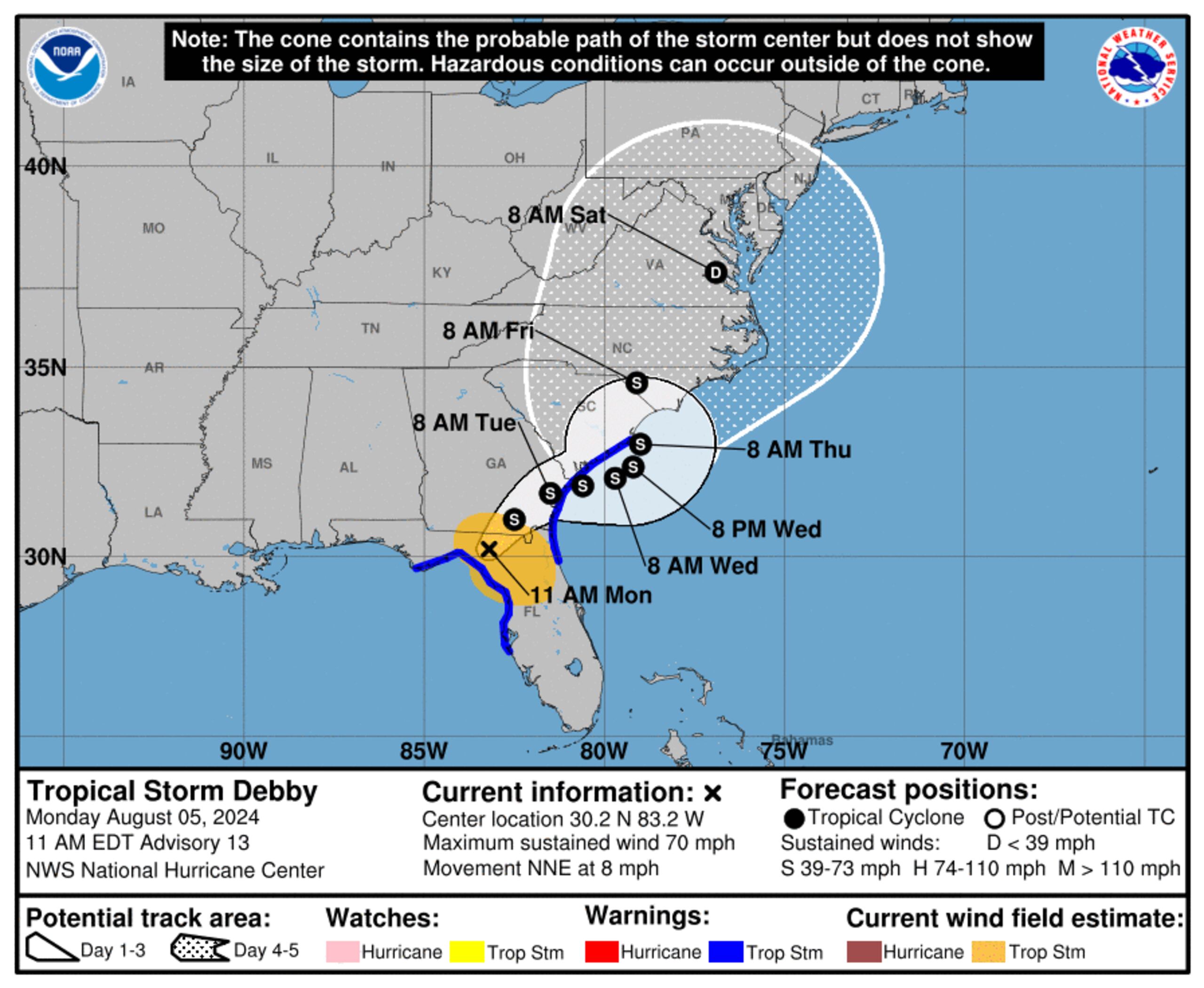 Pronóstico de la tormenta tropical Debby emitido a las 11:00 de la mañana del 5 de agosto de 2024.