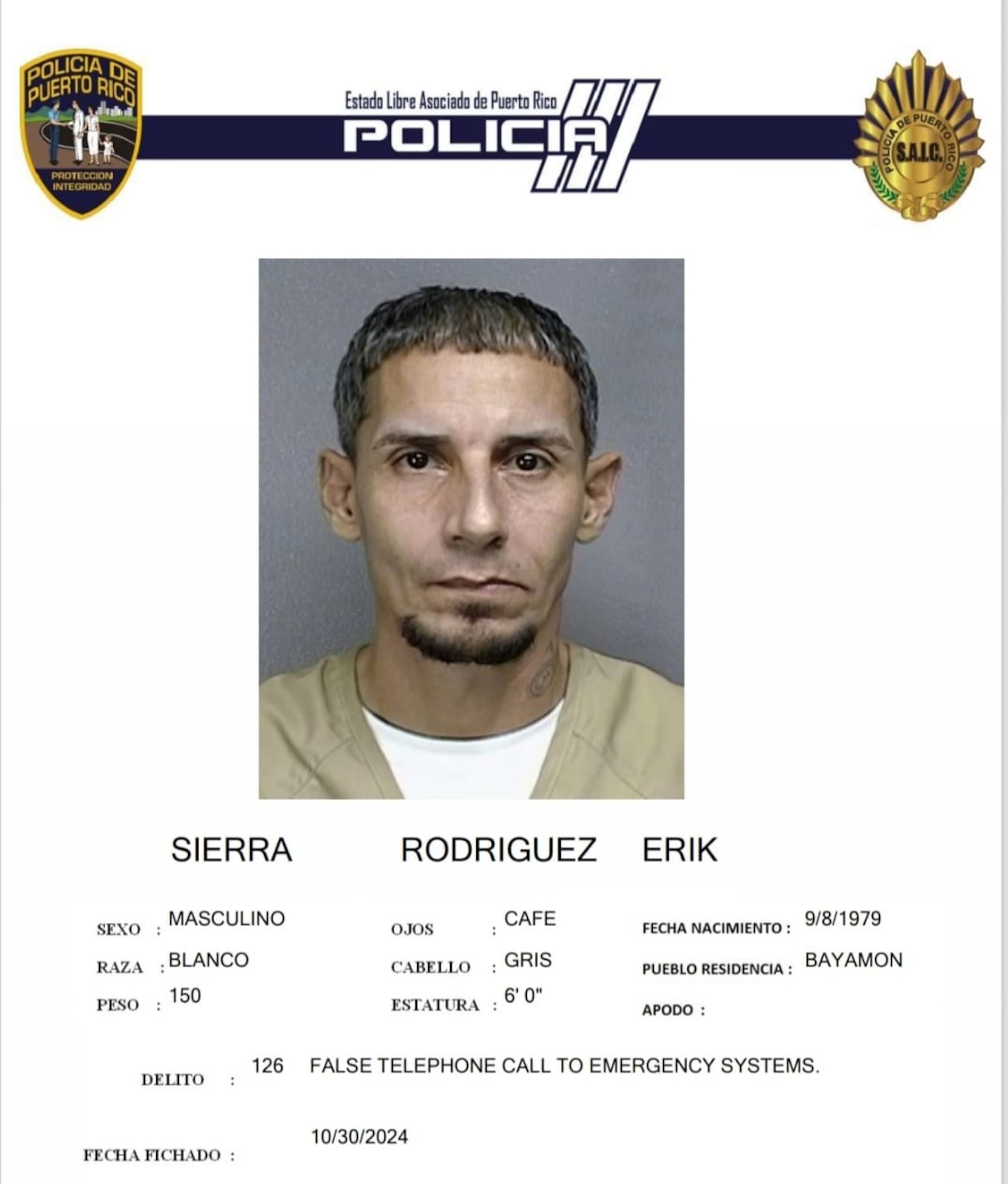 Erik Sierra Rodríguez, fue acusado por realizar llamadas telefónicas falsas al Sistema de Emergencias 9-1-1.
