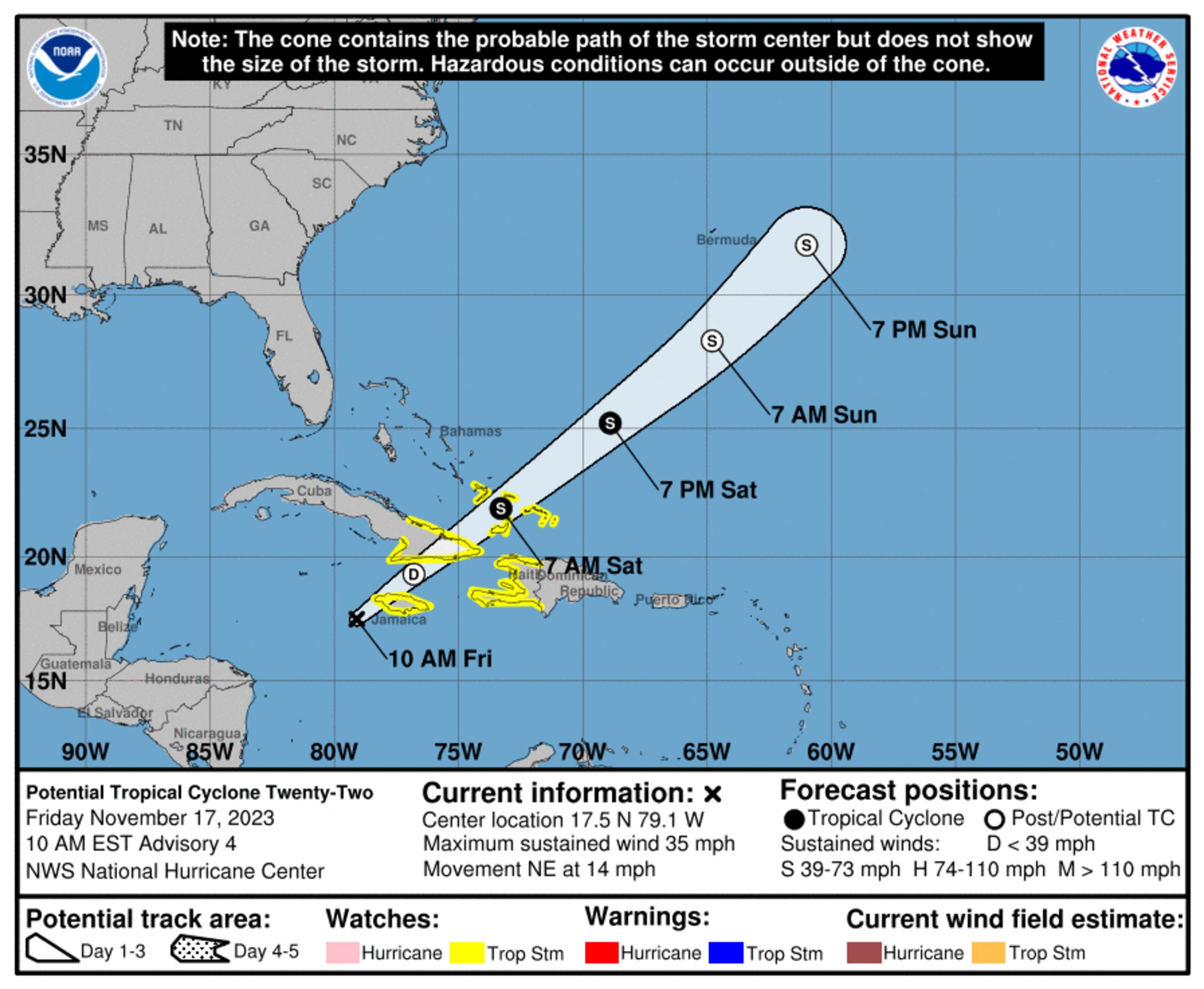 Pronóstico del potencial ciclón tropical 22, emitido a las 10:00 de la mañana, hora del Este, el 17 de noviembre de 2023.