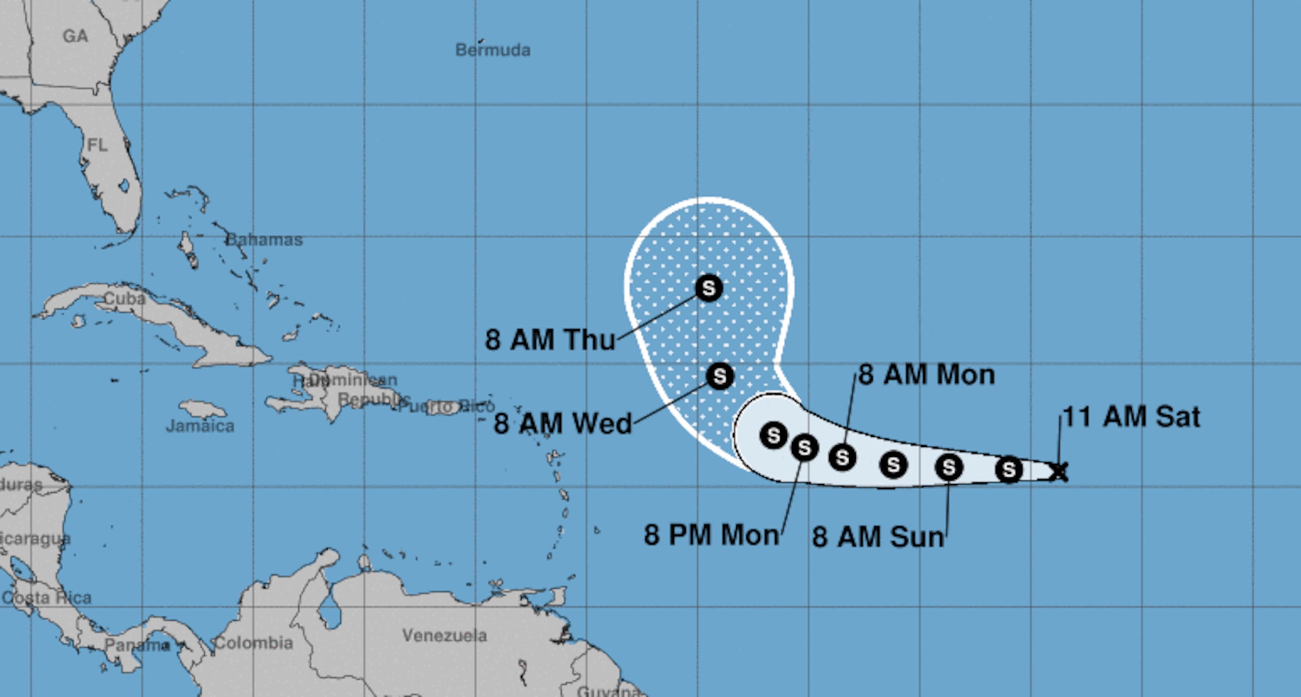Imagen de la posible trayectoria del fenómeno, que podría convertirse en la tormenta Phillipe.