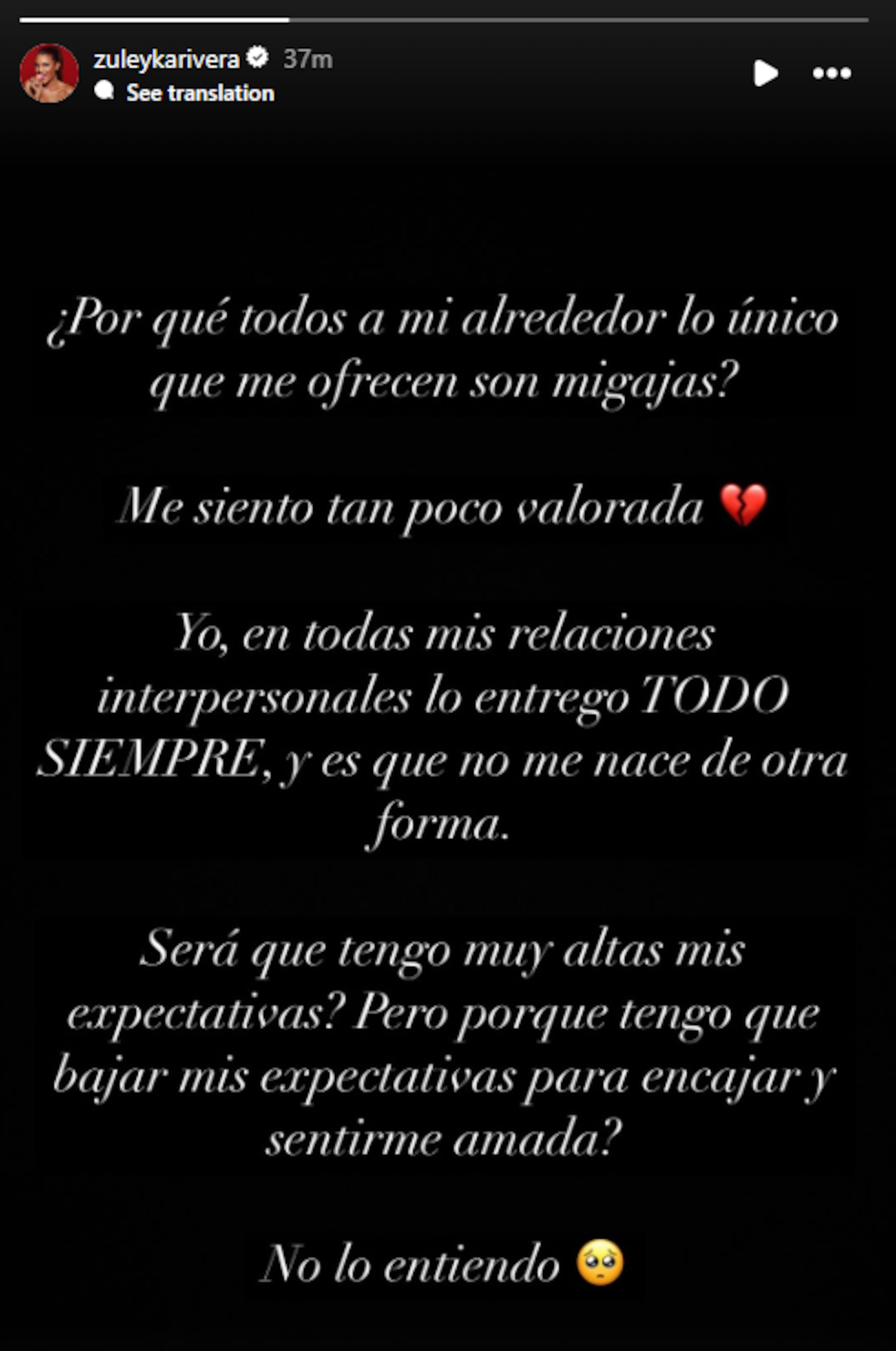 Mensaje que Zuleyka Rivera compartió el 15 de enero de 2025.