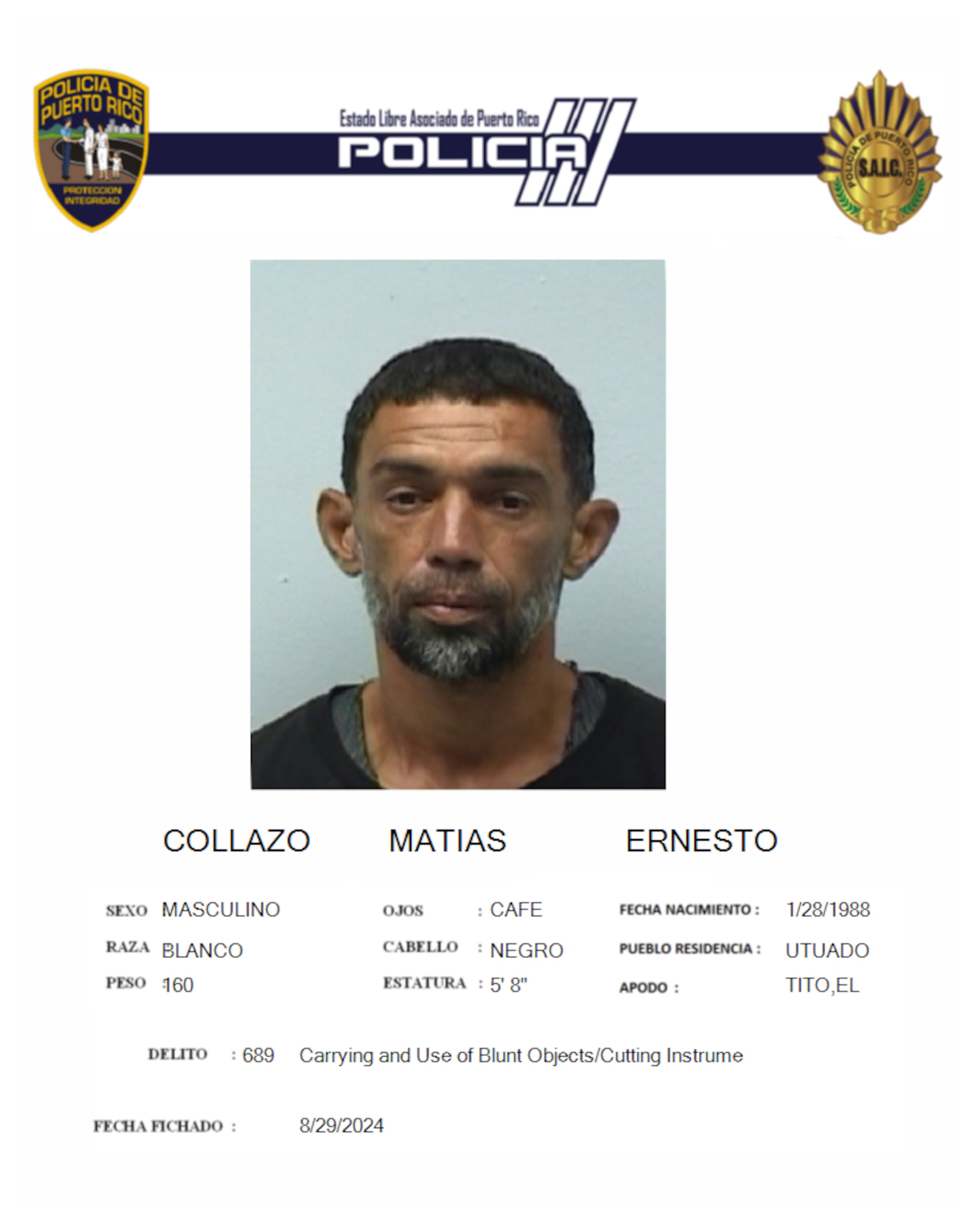 A Collazo Matías se le impuso una fianza ascendente a $15 mil, la que no prestó, por lo que fue ingresado en el Complejo Correccional de Ponce.