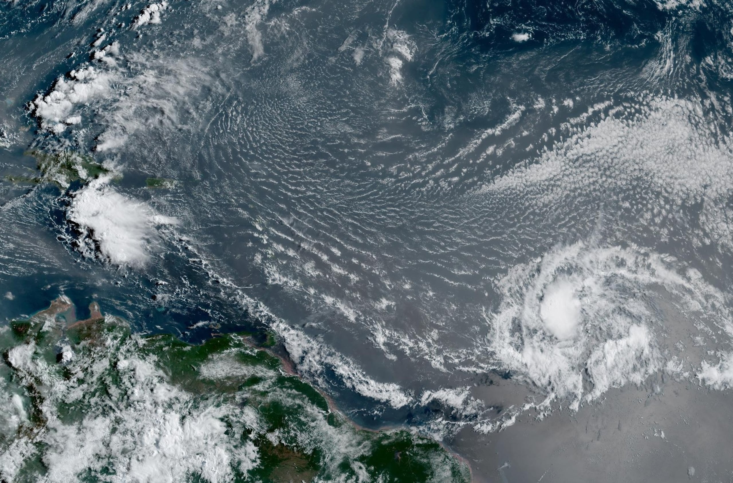 Imagen de satélite de la onda tropical, identificada como Invest 92L, el jueves 13 de agosto de 2026.