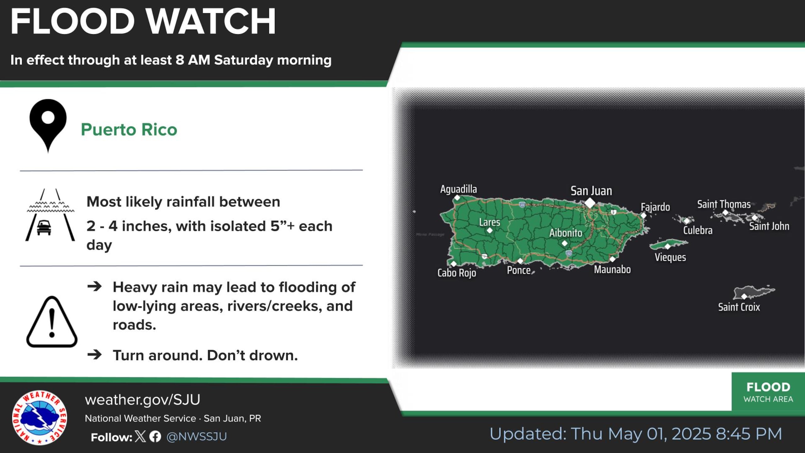 El Servicio Nacional de Meteorología en San Juan extendió la vigilancia de inundaciones para la isla hasta las 8:00 de la mañana del sábado 3 de abril.
