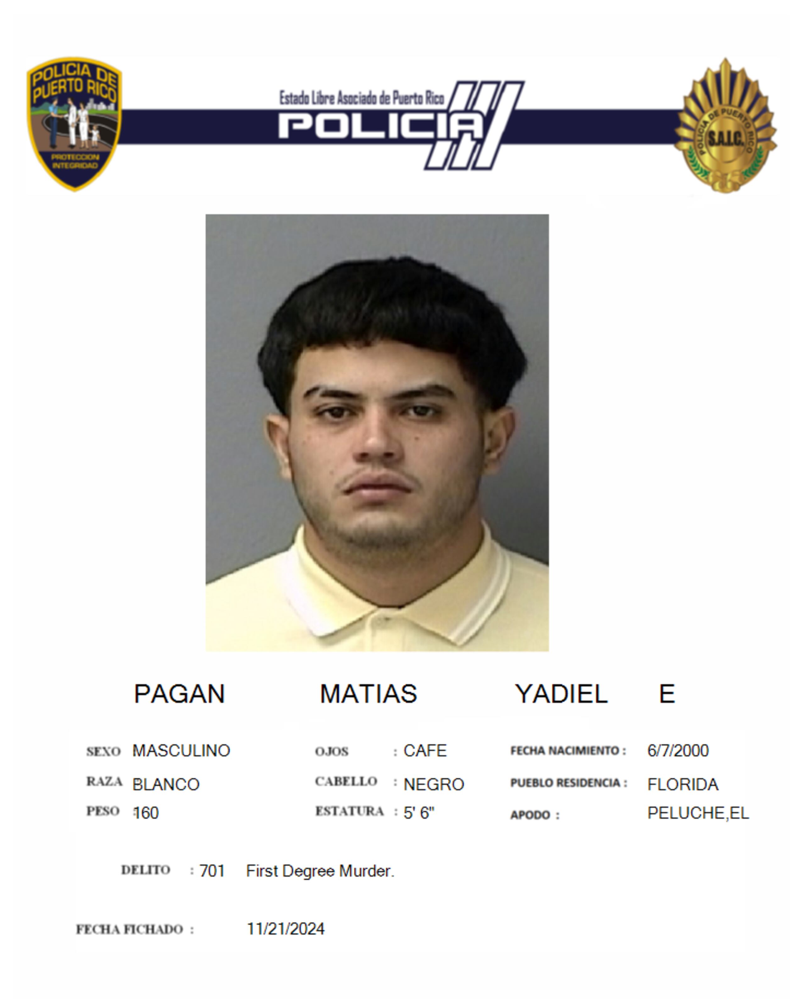 Yadiel E. Pagán Matías, fue encarcelado al no prestar la fianza, tras ser acusado por los delitos de asesinato en primer grado y violación a la Ley de Armas.