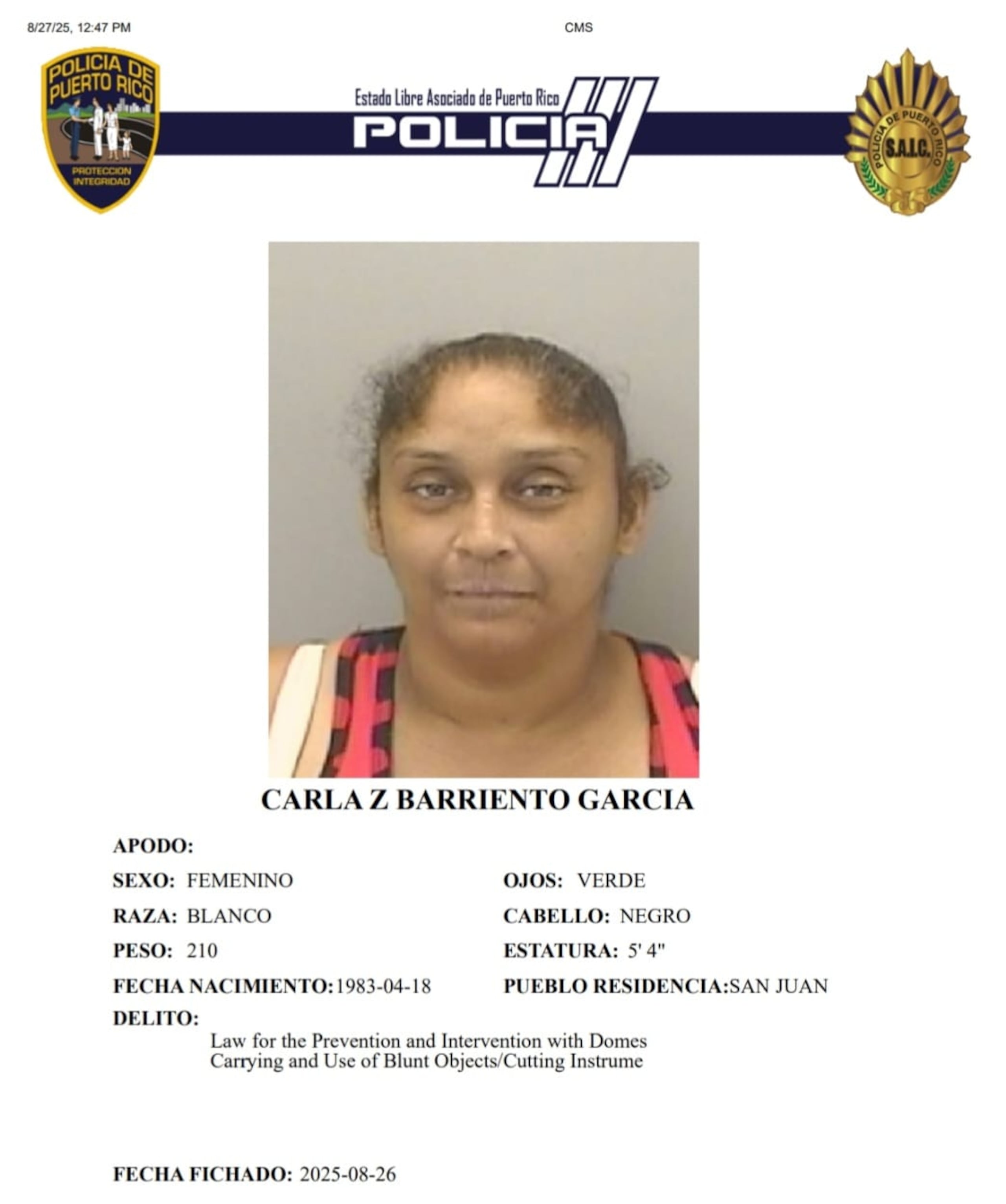 Carla Z. Barriento García, enfrenta un cargo por maltrato conyugal y violación a la Ley de Armas.
