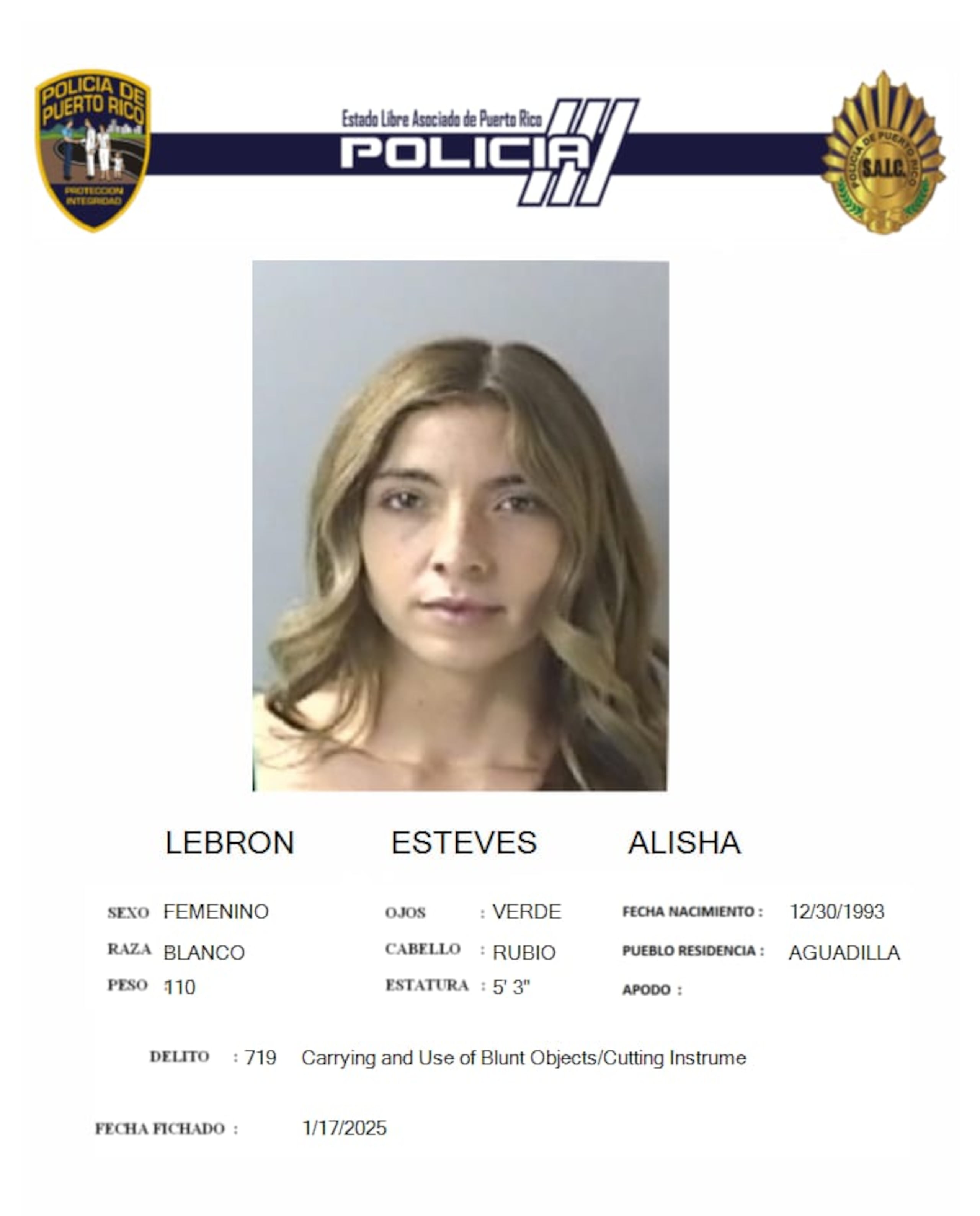 Alisha Lebrón Estéves, enfrenta cargos por la agresión a una mesera en Rincón.