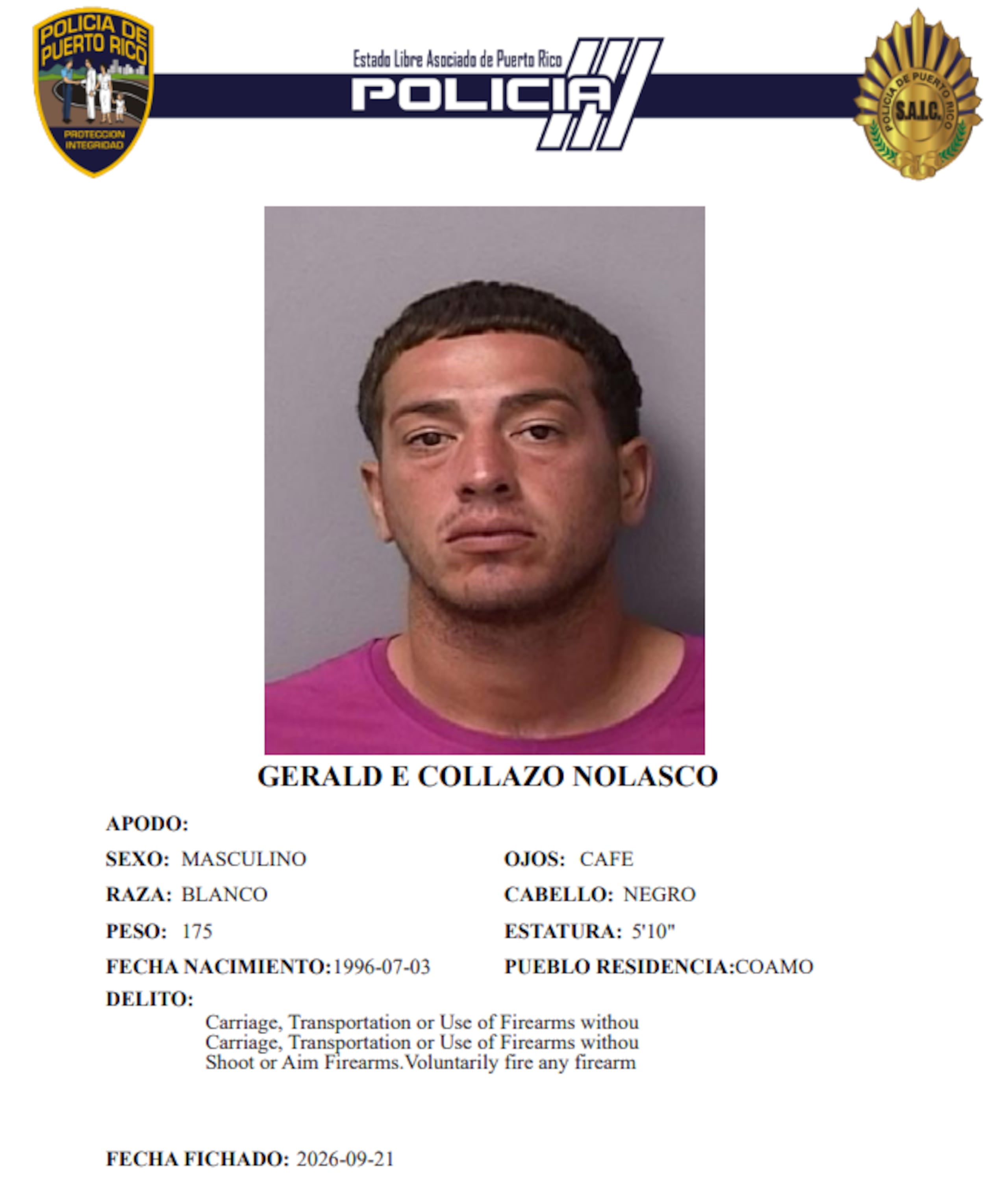 Ficha policíaca del imputado, Gerald Éramos Collazo Nolasco, de 30 años.