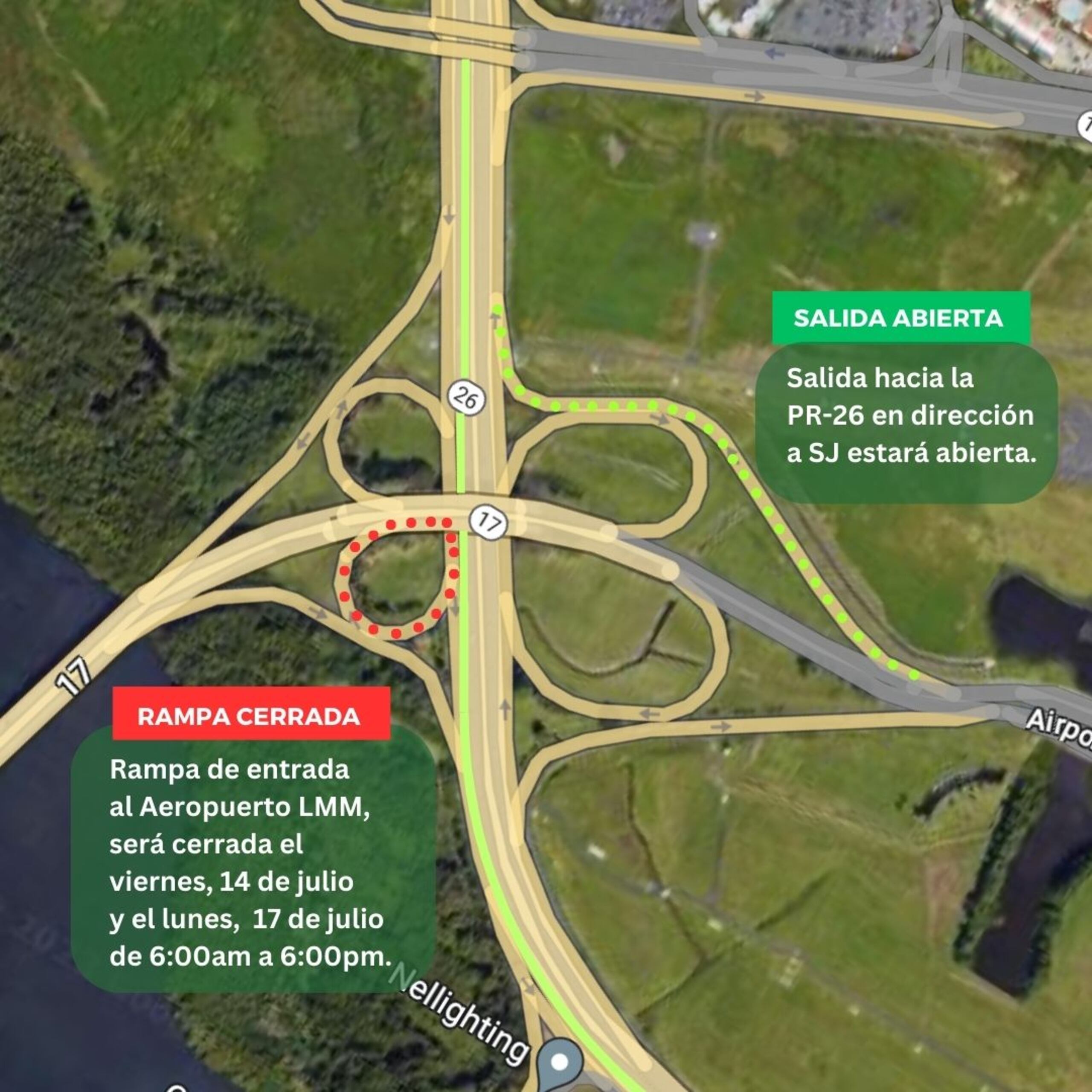 Mapa que detalla el cierre de la entrada hacia el aeropuerto Luis Muñoz Marín.
