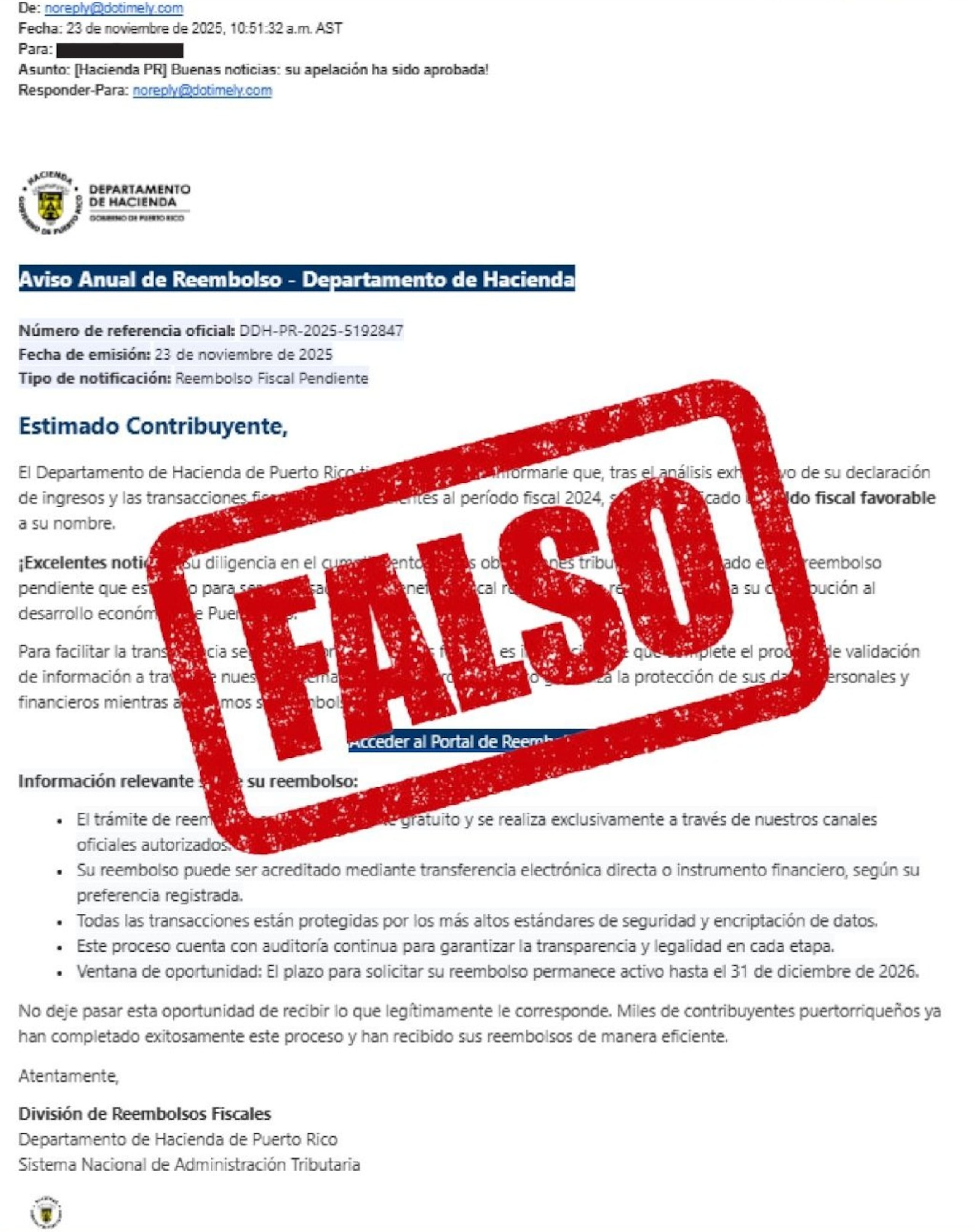 Imagen del correo electrónico fraudulento que no es una comunicación oficial del Departamento de Hacienda.