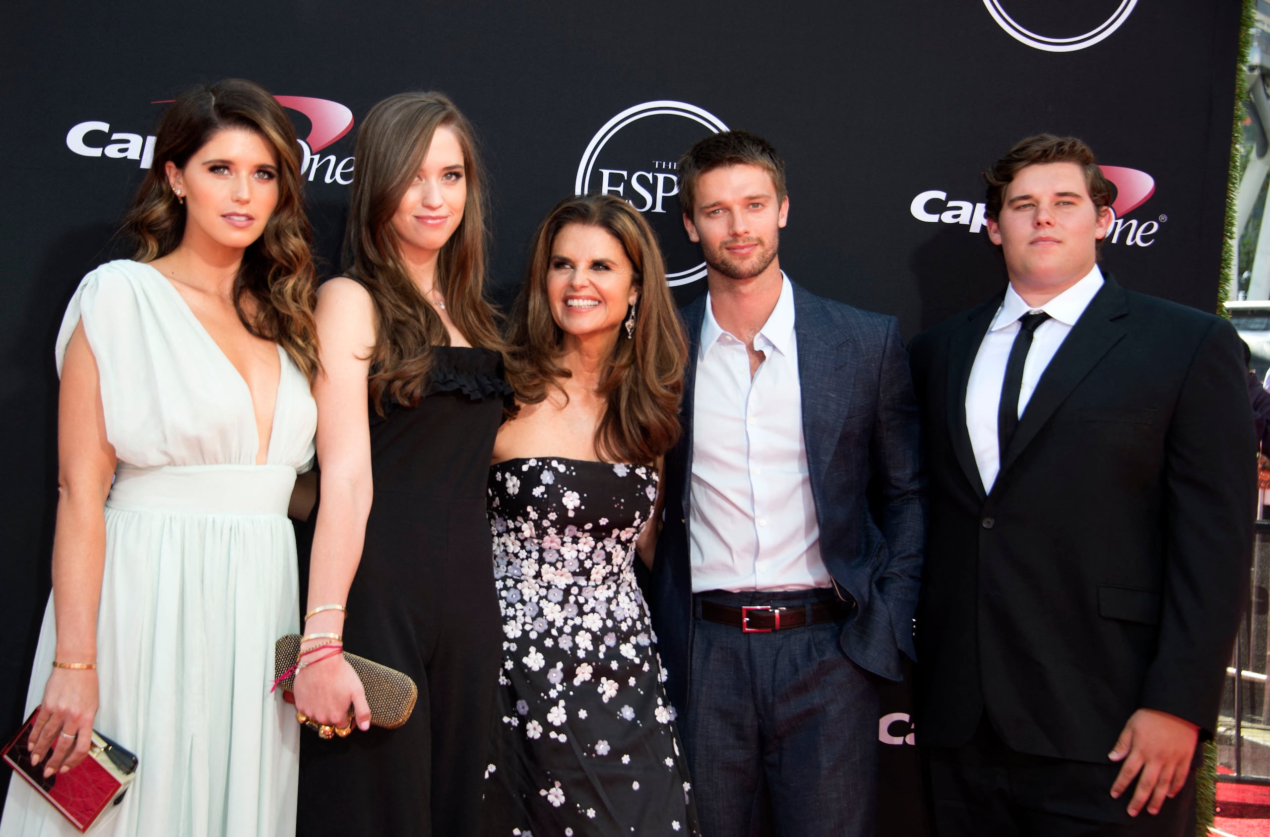 (L-R): Katherine Schwarzenegger, Christina Schwarzenegger, Maria Shriver, Patrick Schwarzenegger and Christopher Schwarzenegger attend the 25th ESPYS at the Microsoft Theater on July 12, 2017 in Los Angeles, California. (Photo by VALERIE MACON / AFP)