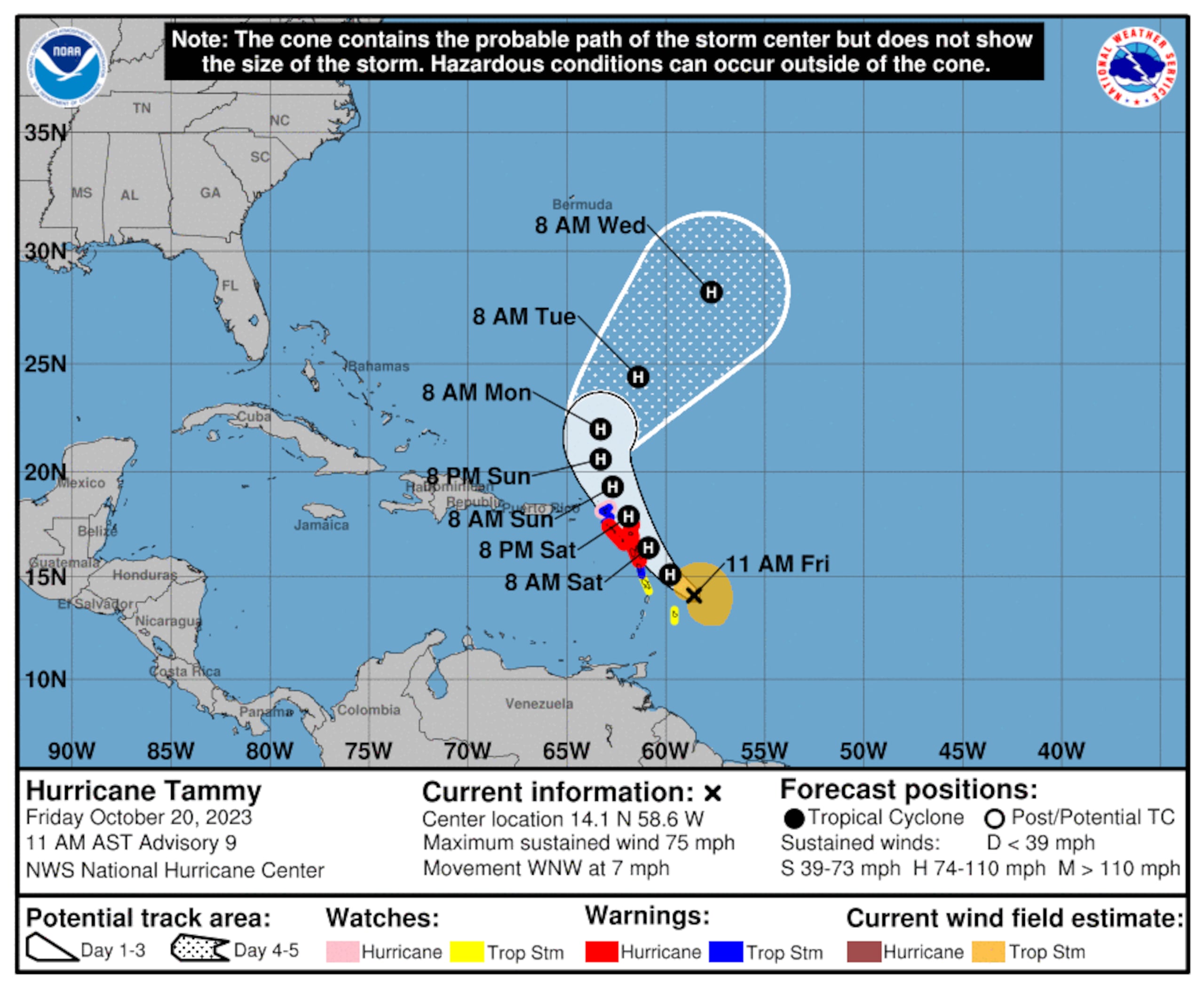 Pronóstico del huracán Tammy, emitido a las 11:00 de la mañana del 20 de octubre de 2023.