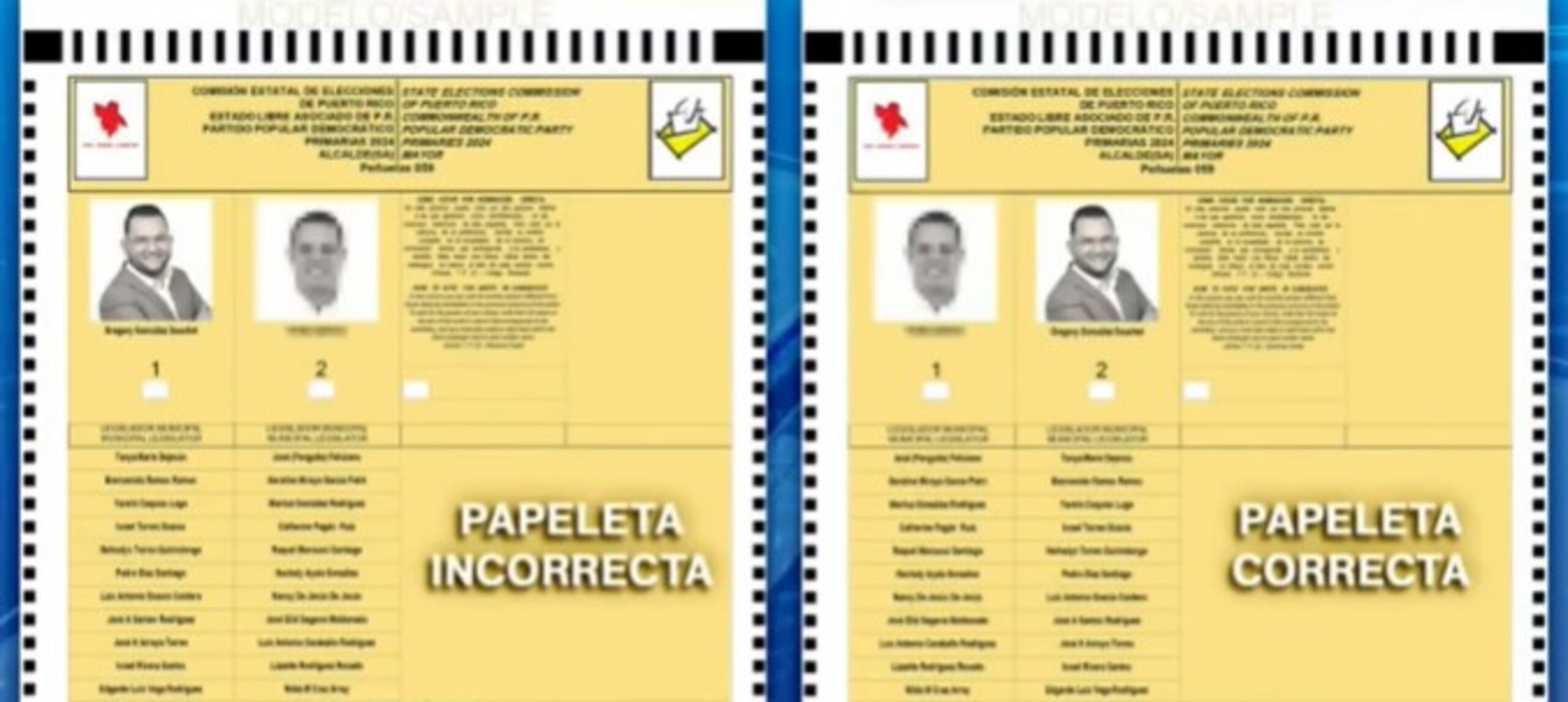 Ejemplo de las papeletas incorrectas y corregidas.