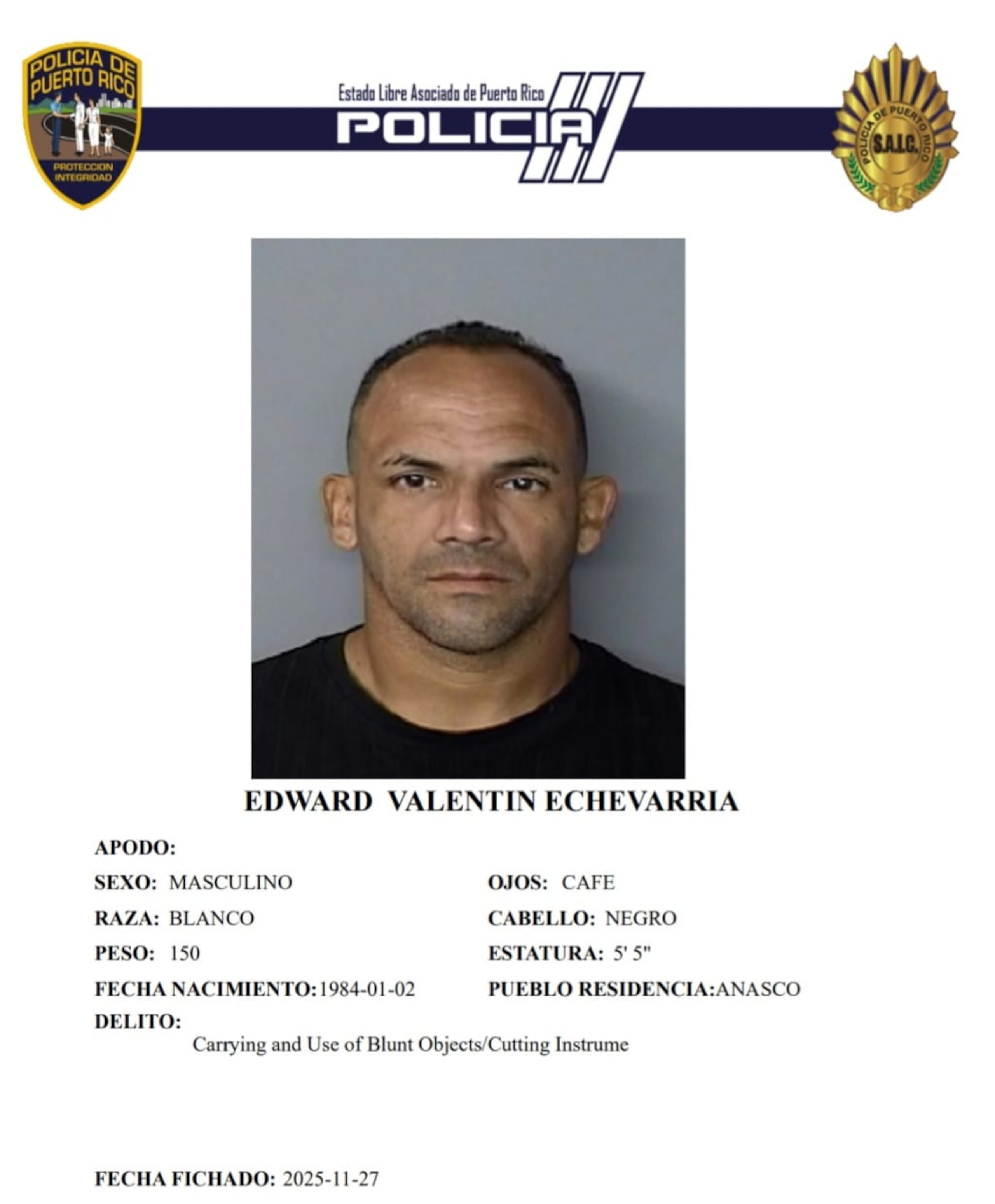 Edward Valentín Echevarría, enfrenta un cargo por violación a la Ley de Armas.