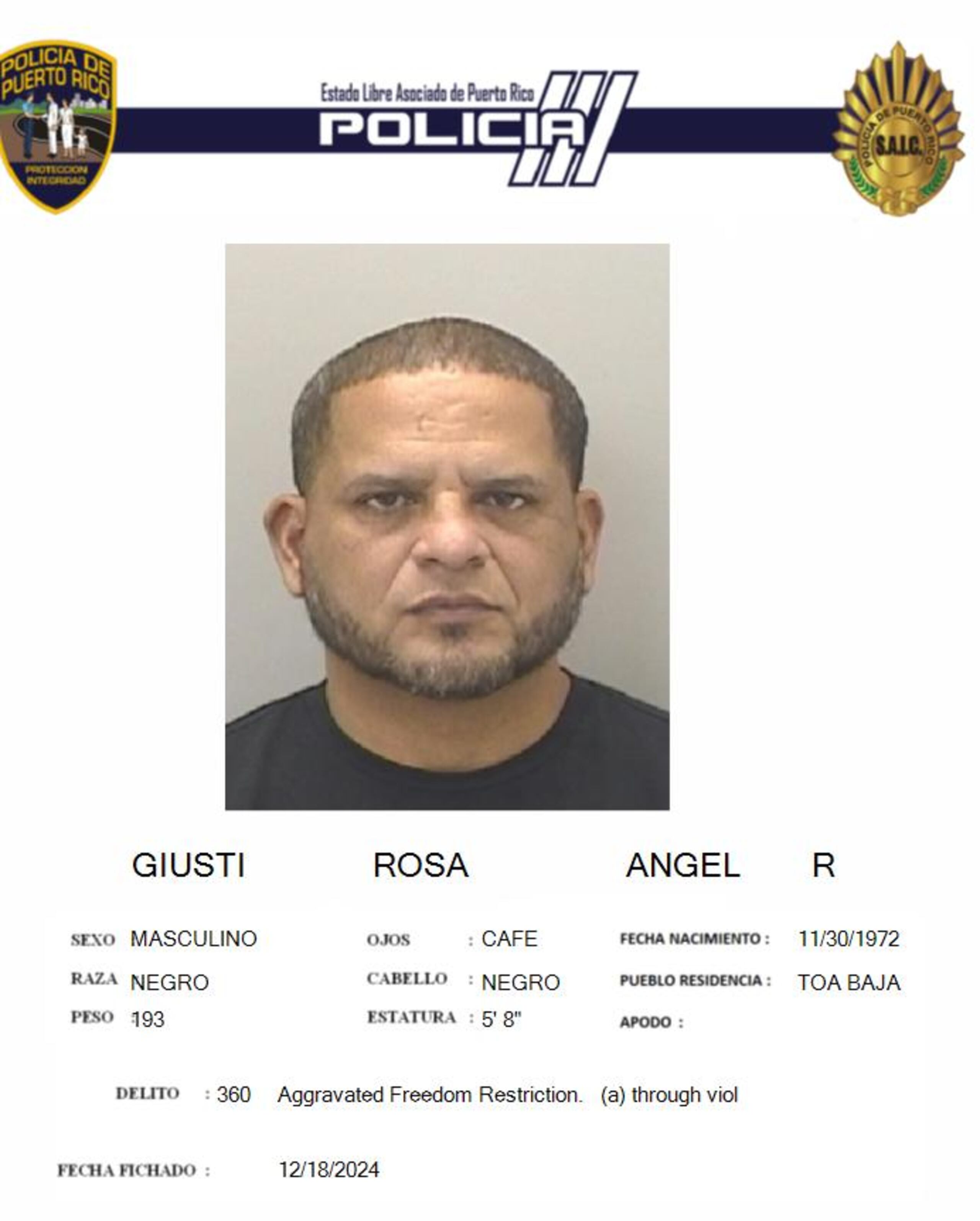 El agente Ángel R. Giusti Rosa fue acusado por violación a la Ley de Armas y restricción a la libertad.