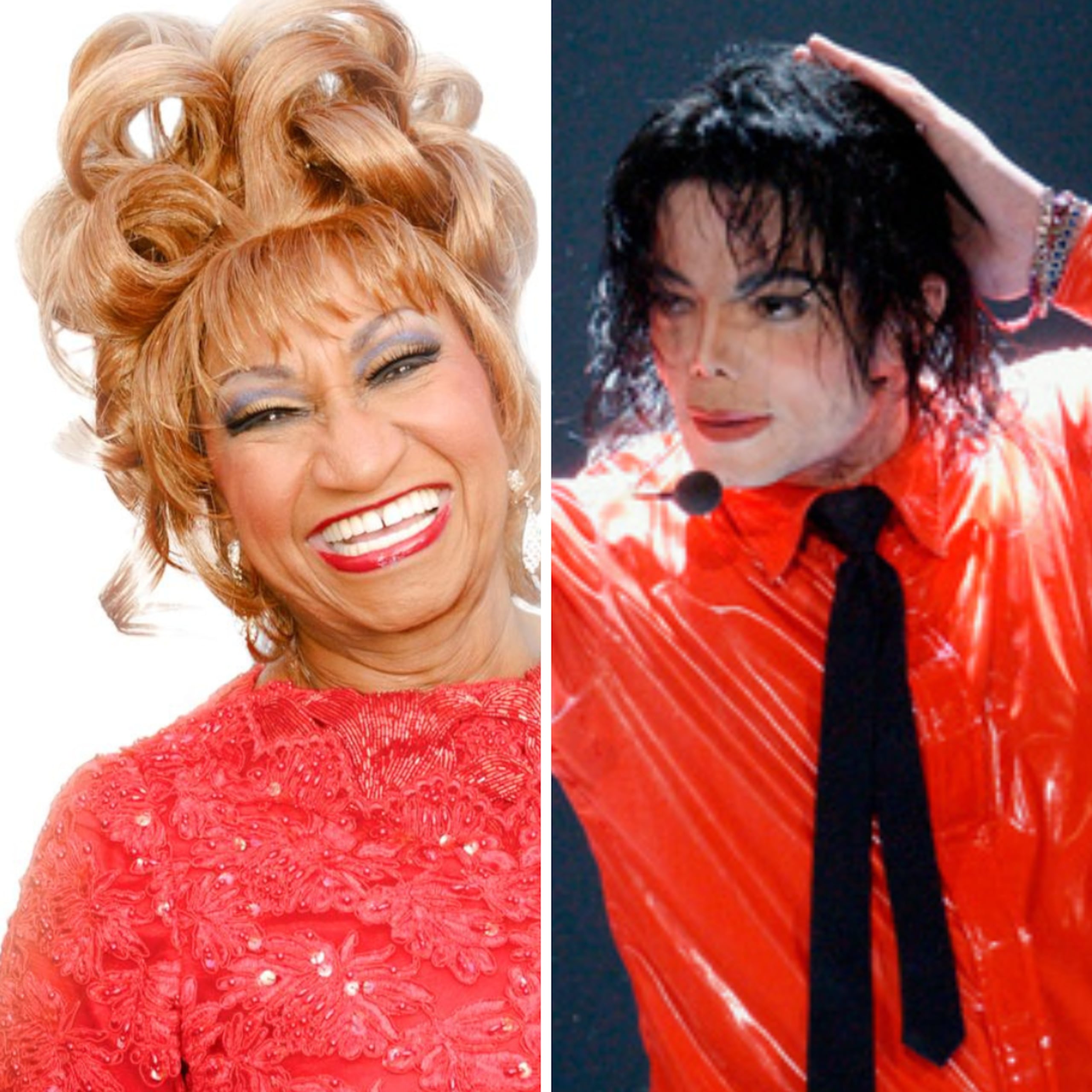 Retrato de la cantante Celia Cruz y el cantante Michael Jackson durante un concierto.