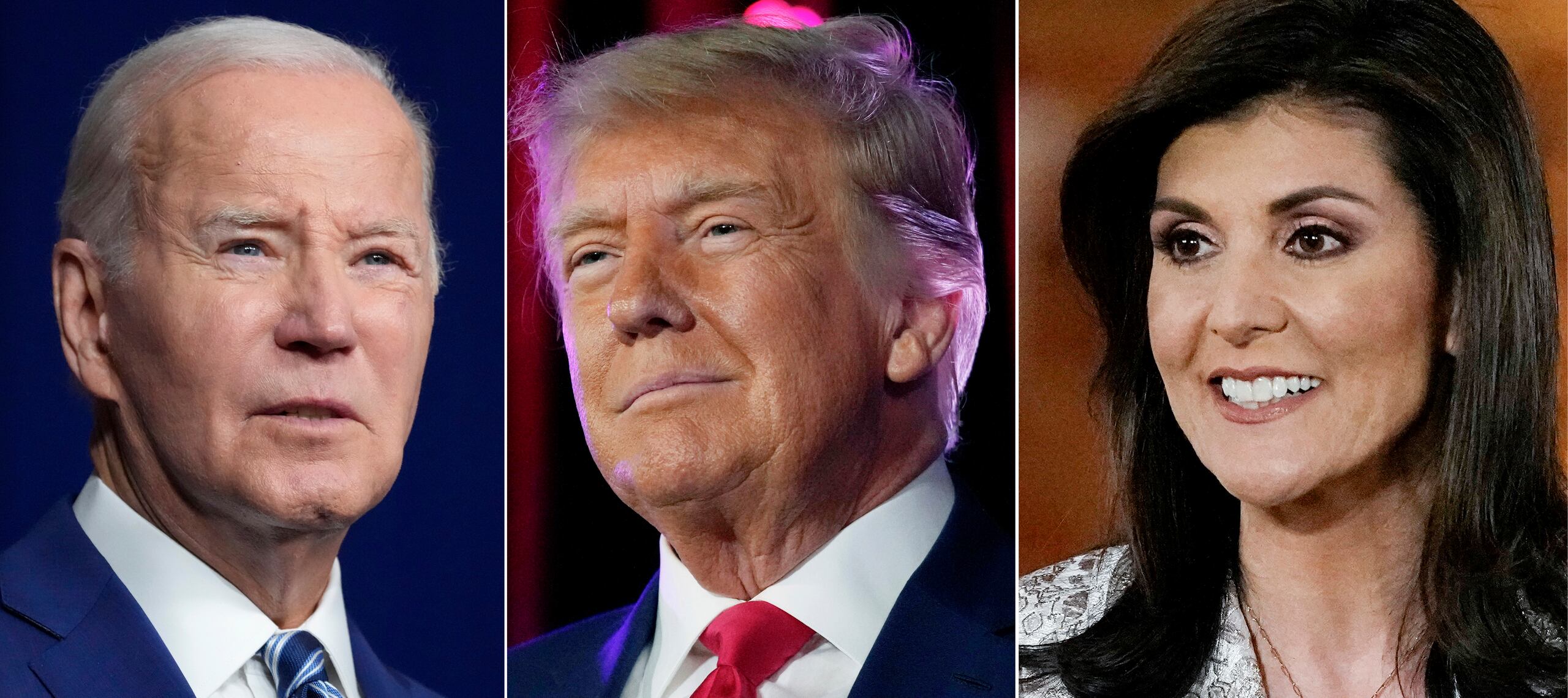 En esta combinación de fotos: el presidente Joe Biden (i) habla en Salt Lake City el 10 de agosto de 2023; el expresidente Donald Trump habla en Las Vegas el 8 de julio de 2023 y la exembajadora ante la ONU Nikki Haley habla en Columbia, Carolina del Sur de 2024. (Foto AP)