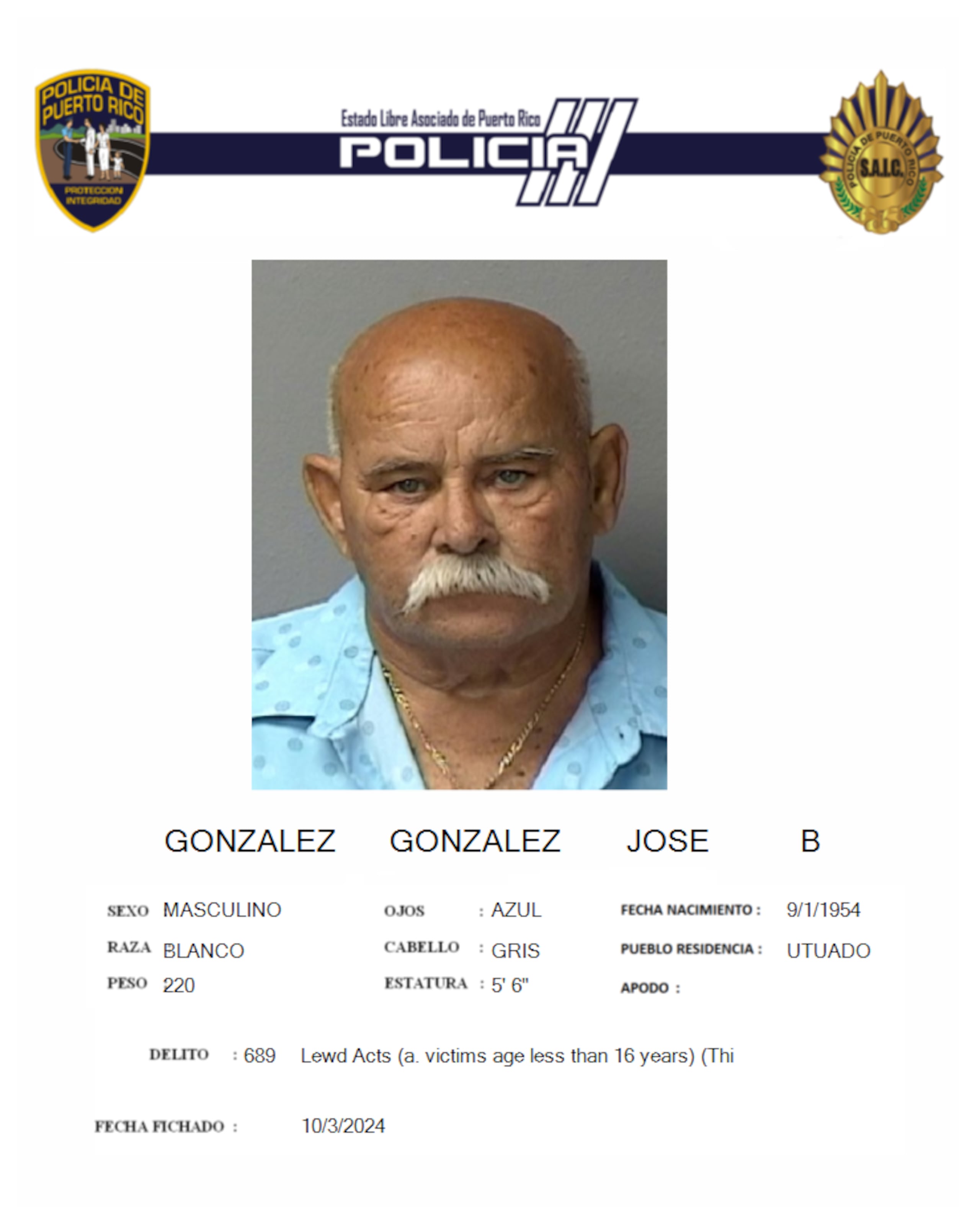 Contra José B. González, de 70 años, pesan cinco cargos por actos lascivos contra dos niñas.