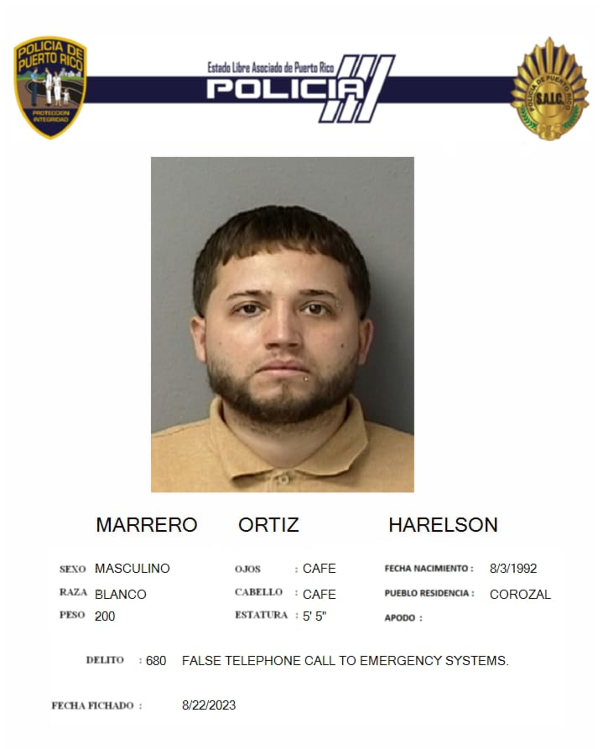 Contra Harelson Marrero Ortiz, pesa una orden de arresto con una fianza de $6 millones, por una masacre ocurrida en noviembre del 2016, en una gasolinera de Corozal. Si lo ha visto llame al (787) 343-2020.
