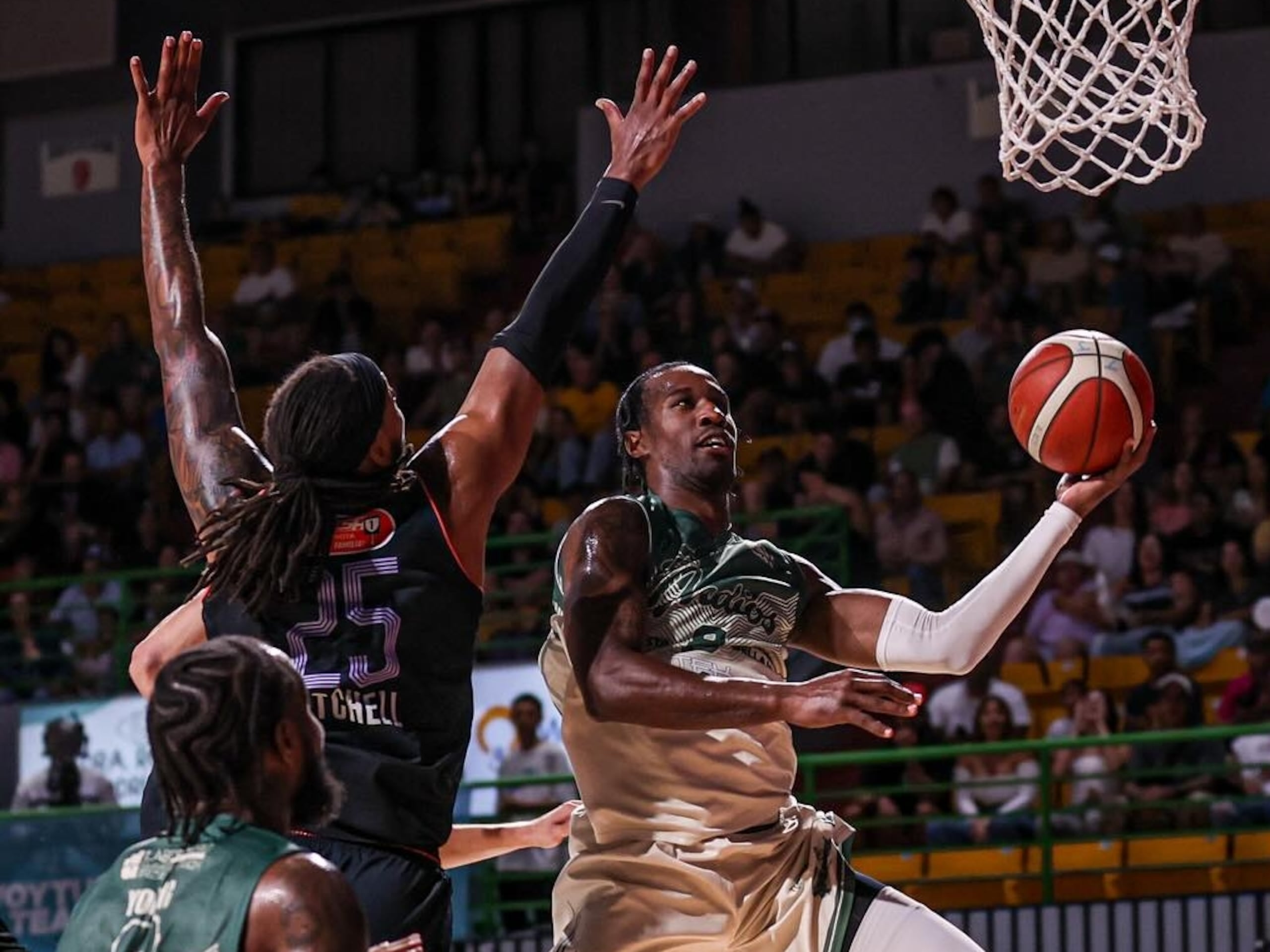 Cameron McGriff, de los Criollos de Caguas, la pone de zurda en el luego del lunes en el Palacio de los Deportes. (Suministrada/ BSN)