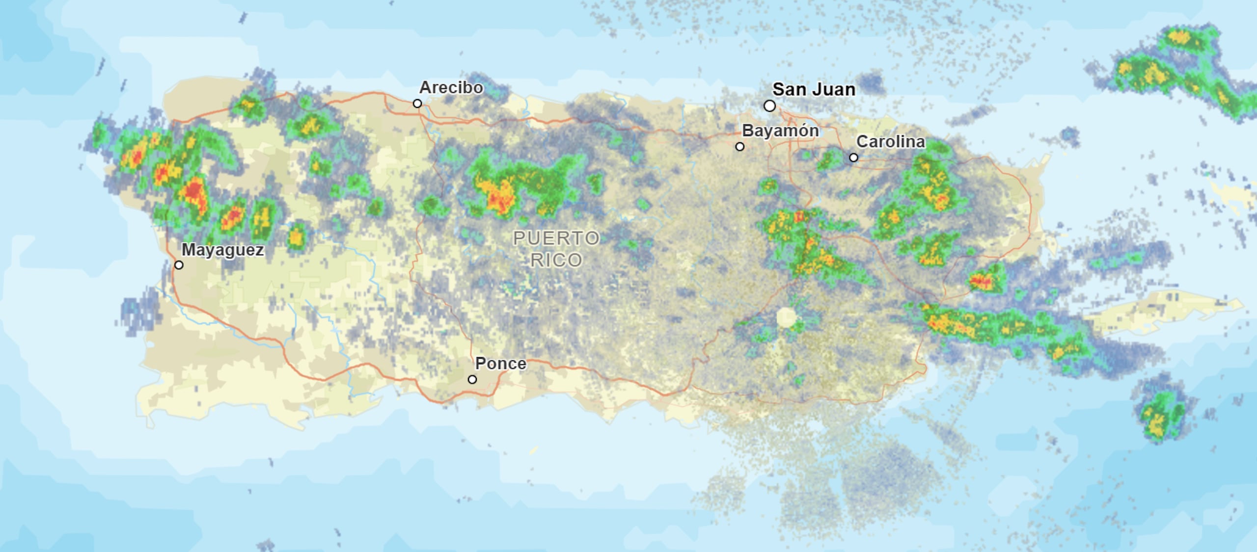 Radar del Servicio Nacional de Meteorología registra las zonas bajo lluvia en la tarde de este sábado.