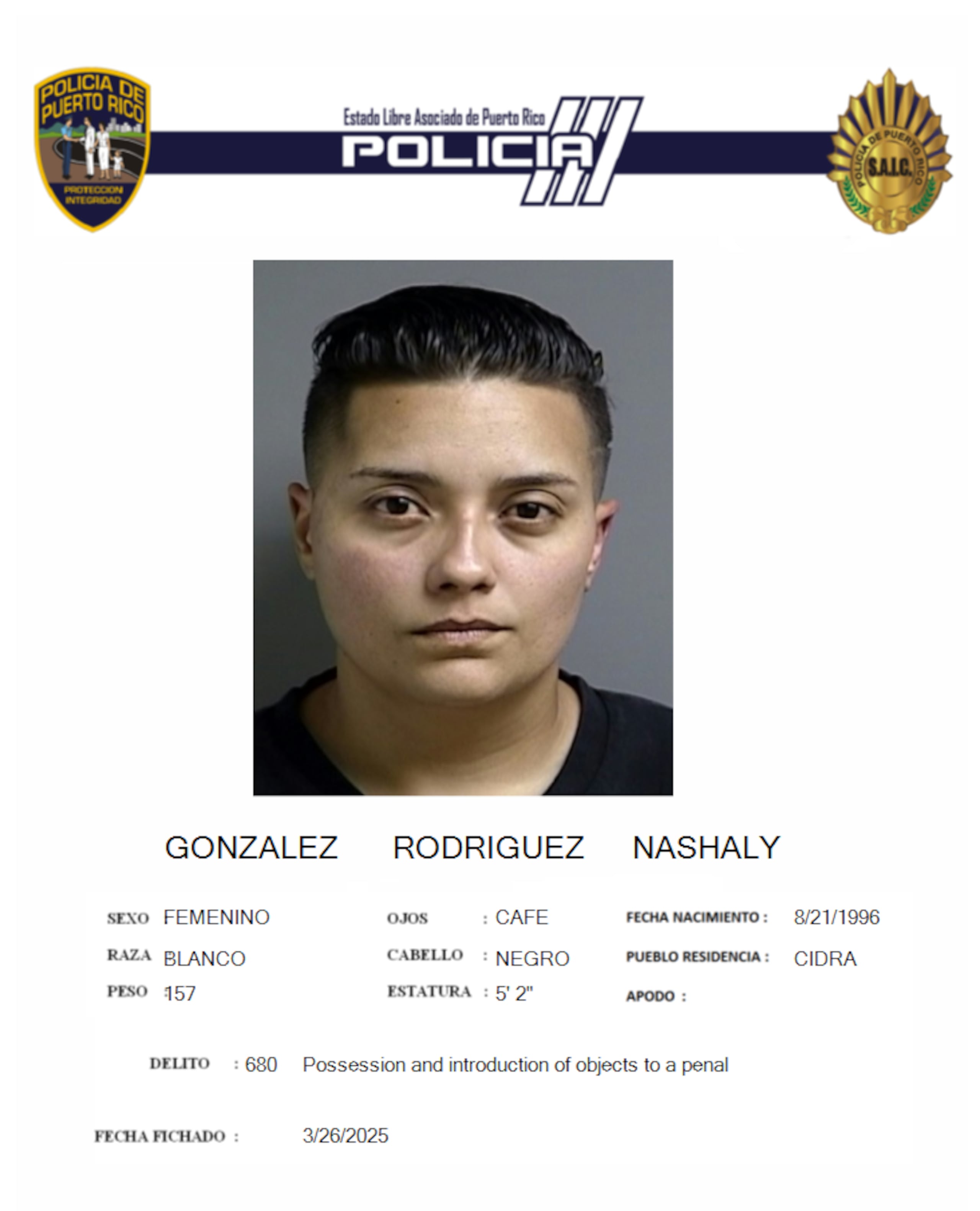 Nashaly González Rodríguez, enfrenta cargos por soborno, contrabando, tentativa y conspiración de la Ley de Sustancias Controladas y violación a la Ley de Ética Gubernamental.