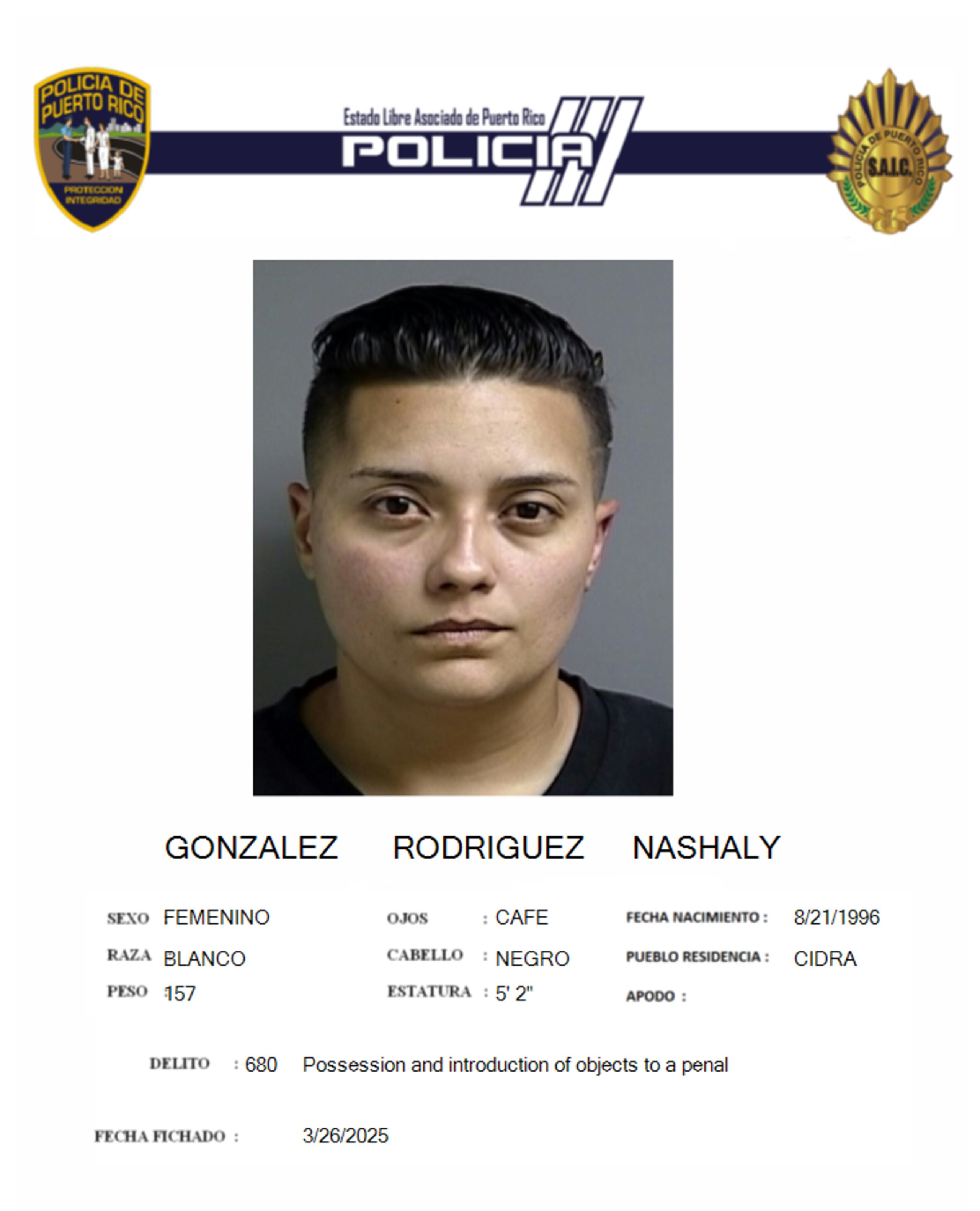 Nashaly González Rodríguez, enfrenta cargos por soborno, contrabando, tentativa y conspiración de la Ley de Sustancias Controladas y violación a la Ley de Ética Gubernamental.