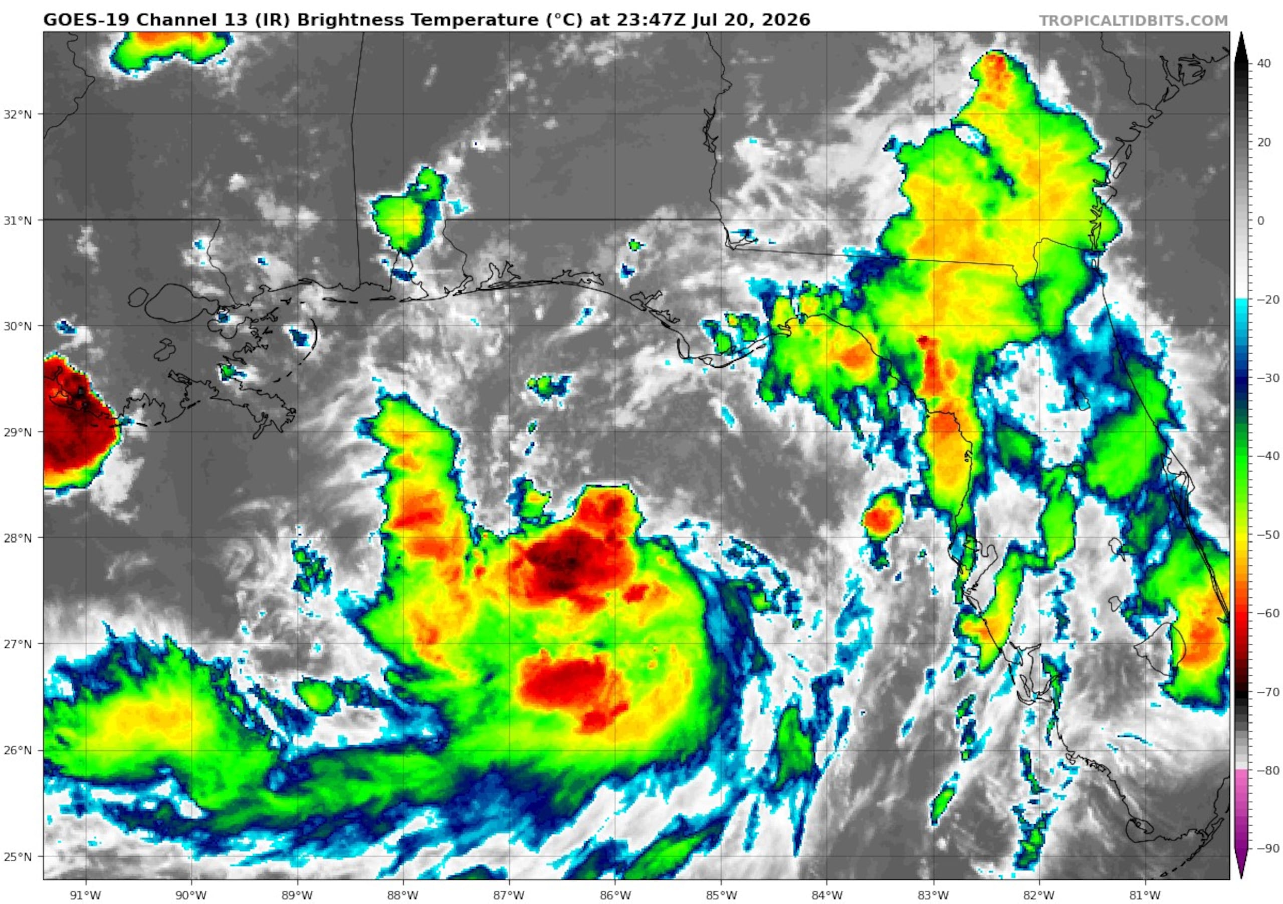 Se forma la tormenta tropical Bertha en el Golfo de México a las 8:00 de la noche del 20 de julio de 2026. (NOAA)
