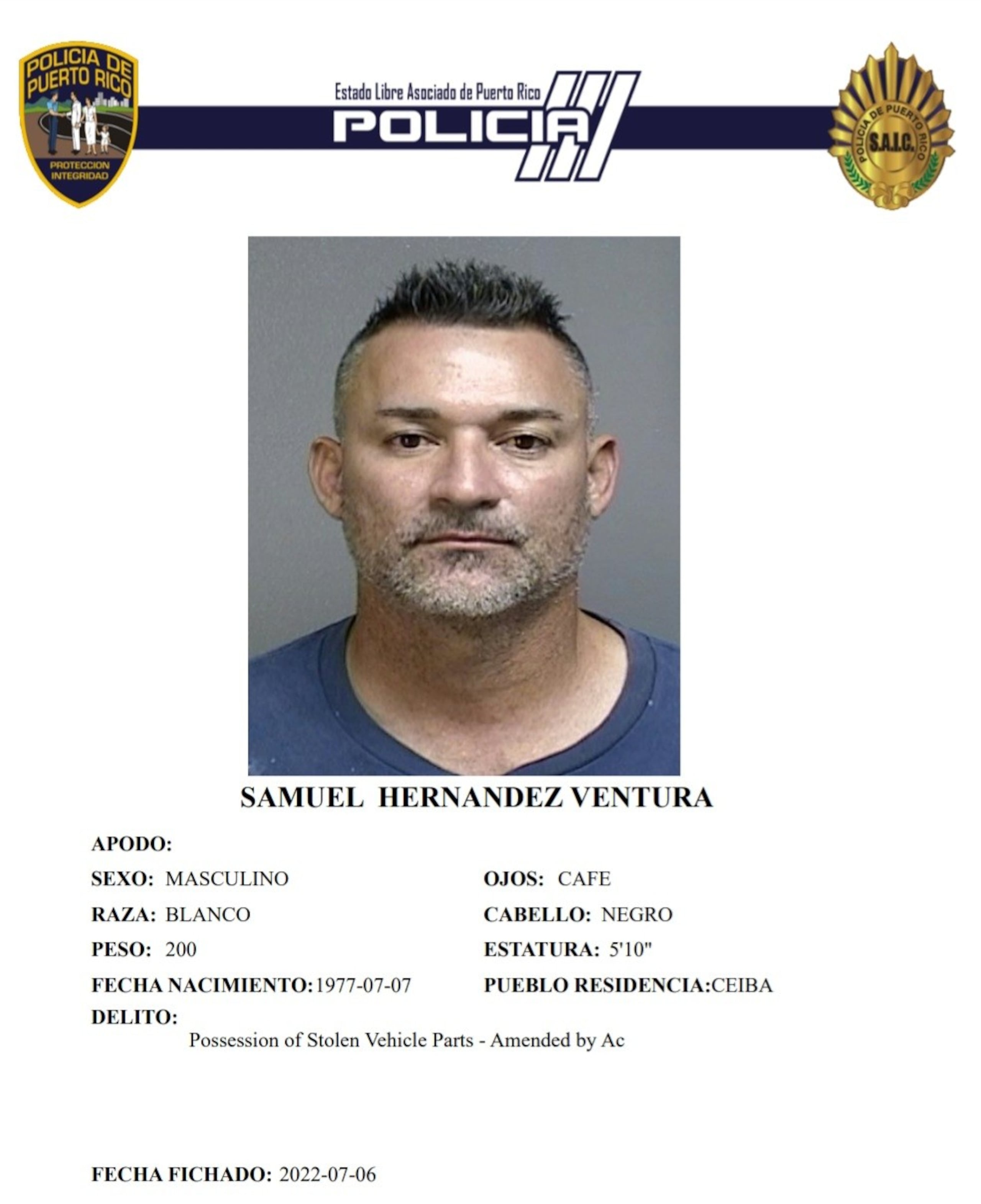 Ficha del 2022 de Samuel Hernández Ventura, quien es buscado como presunto sospechoso del crimen del hijo de su expareja, en Ceiba.