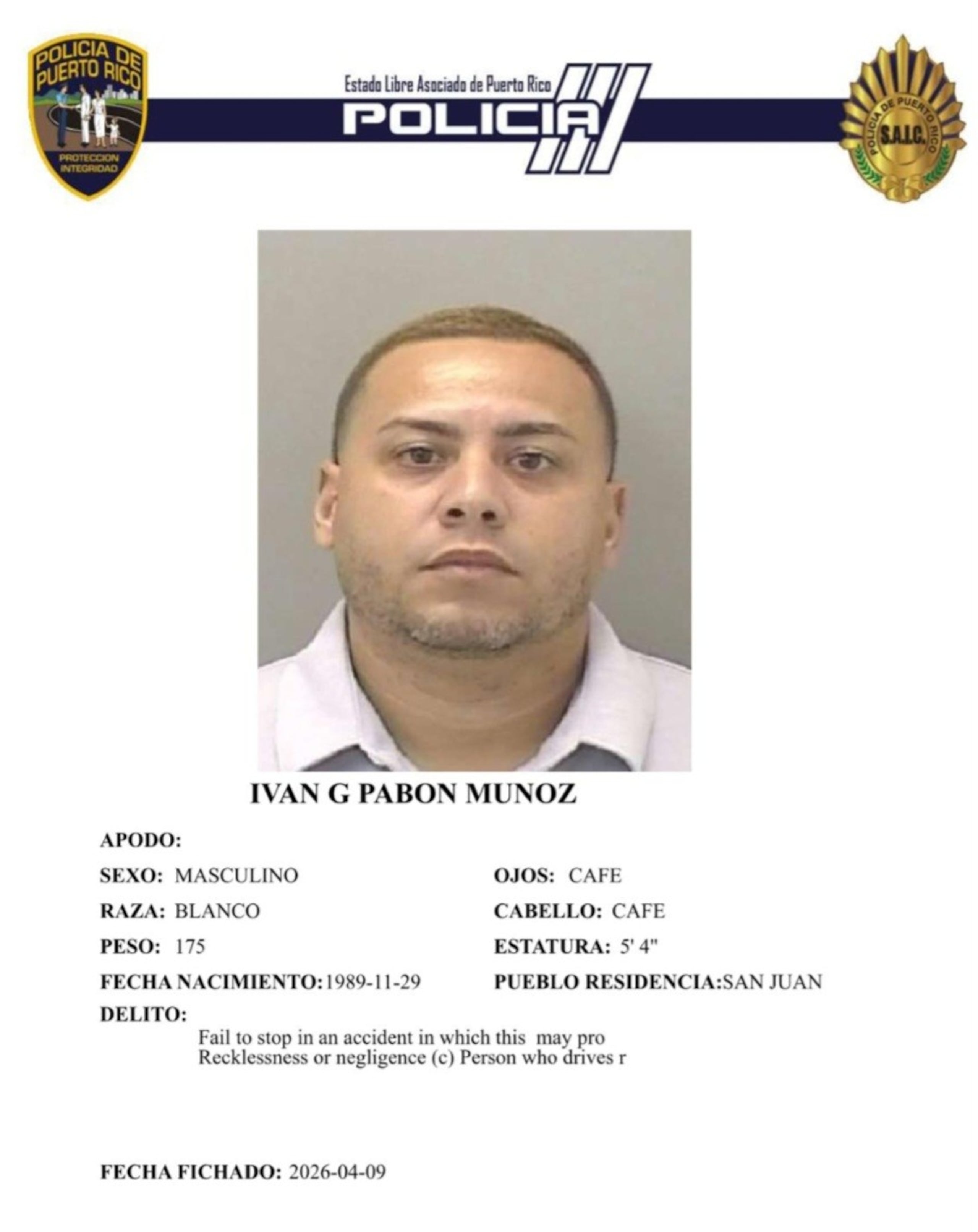 Iván G. Pabón Muñoz, quedó en libertad bajo fianza, tras enfrentar cargos por un "hit and run", en Puerto Nuevo.