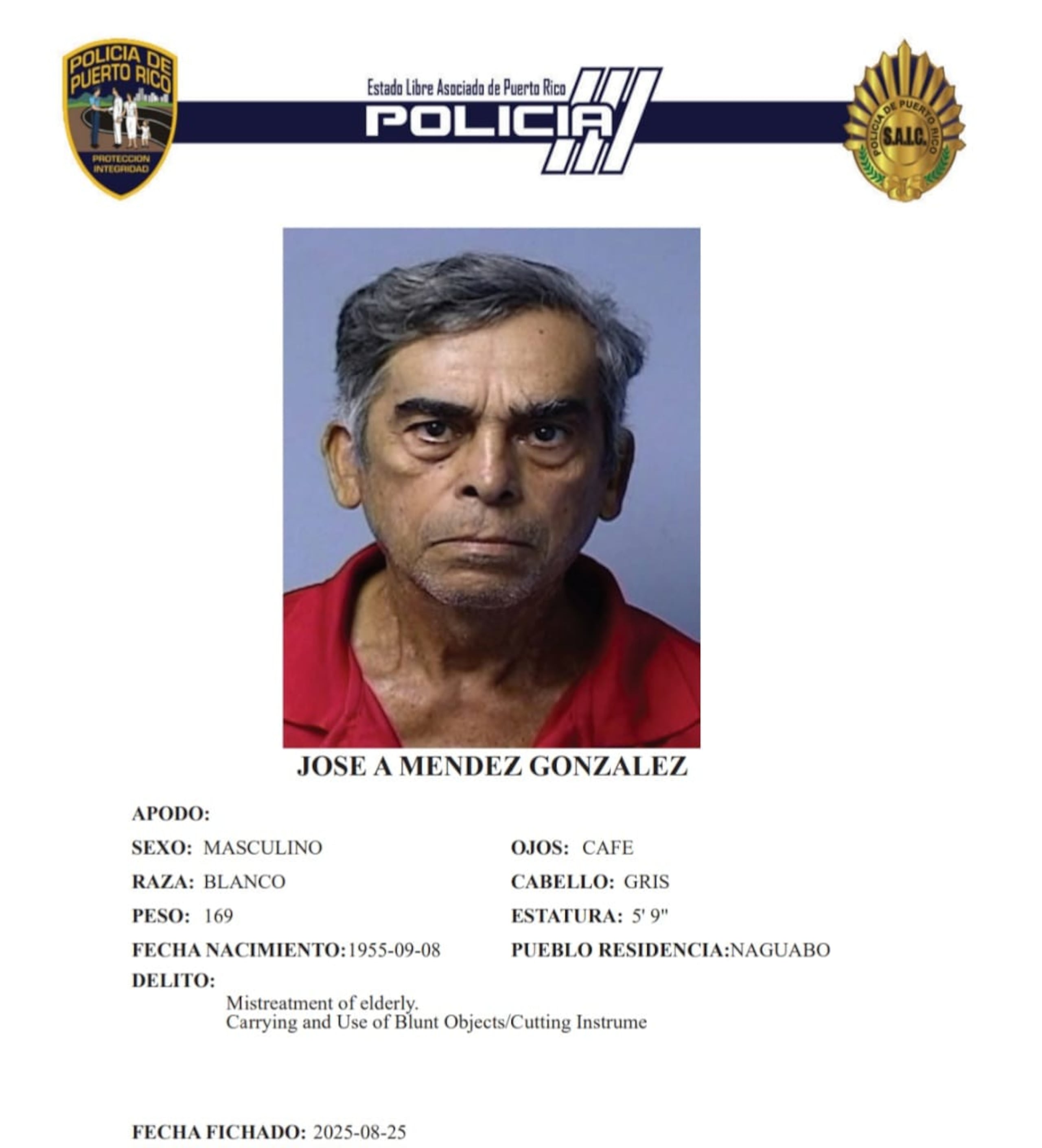 José A. Méndez González, enfrenta cargos por maltrato físico a una persona de edad avanzada y violación a la Ley de Armas.