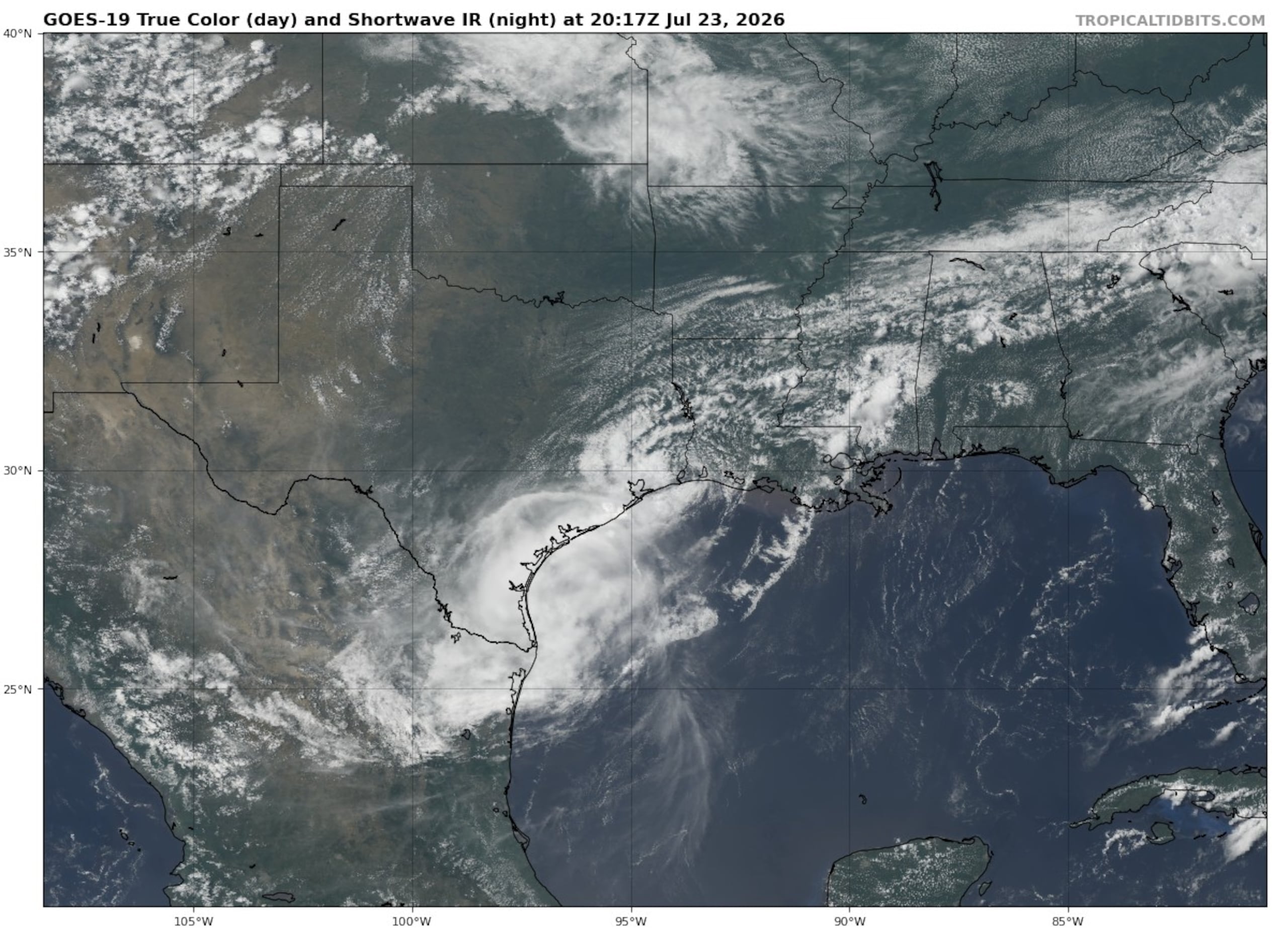 Tormenta tropical Bertha sobre Texas.