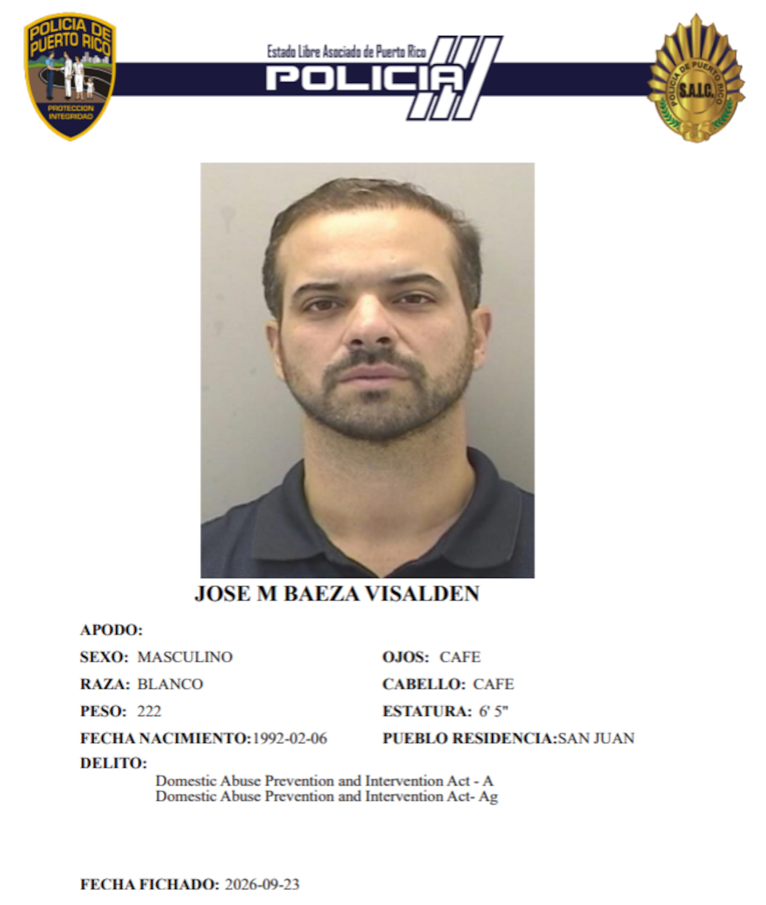 Ficha policíaca de José Manuel Baeza Visalden, apoderado de los Capitanes de Arecibo del Baloncesto Superior Nacional y presidente y principal oficial ejecutivo de Teselta.