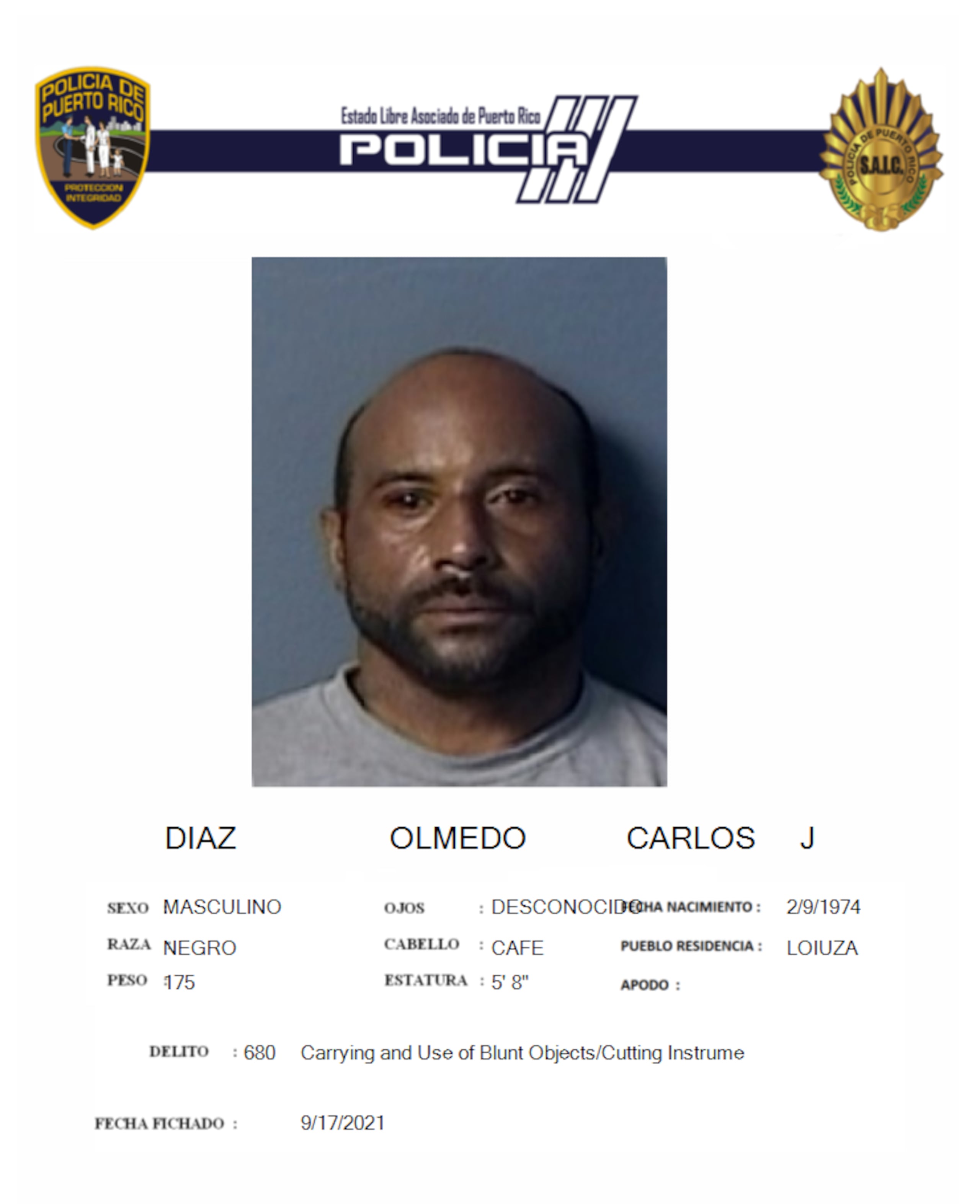 Carlos J. Díaz Olmedo fue arrestado ya que se alega que asesinó a su hermana e hirió a su esposa en la residencia de su progenitora, en Loíza.