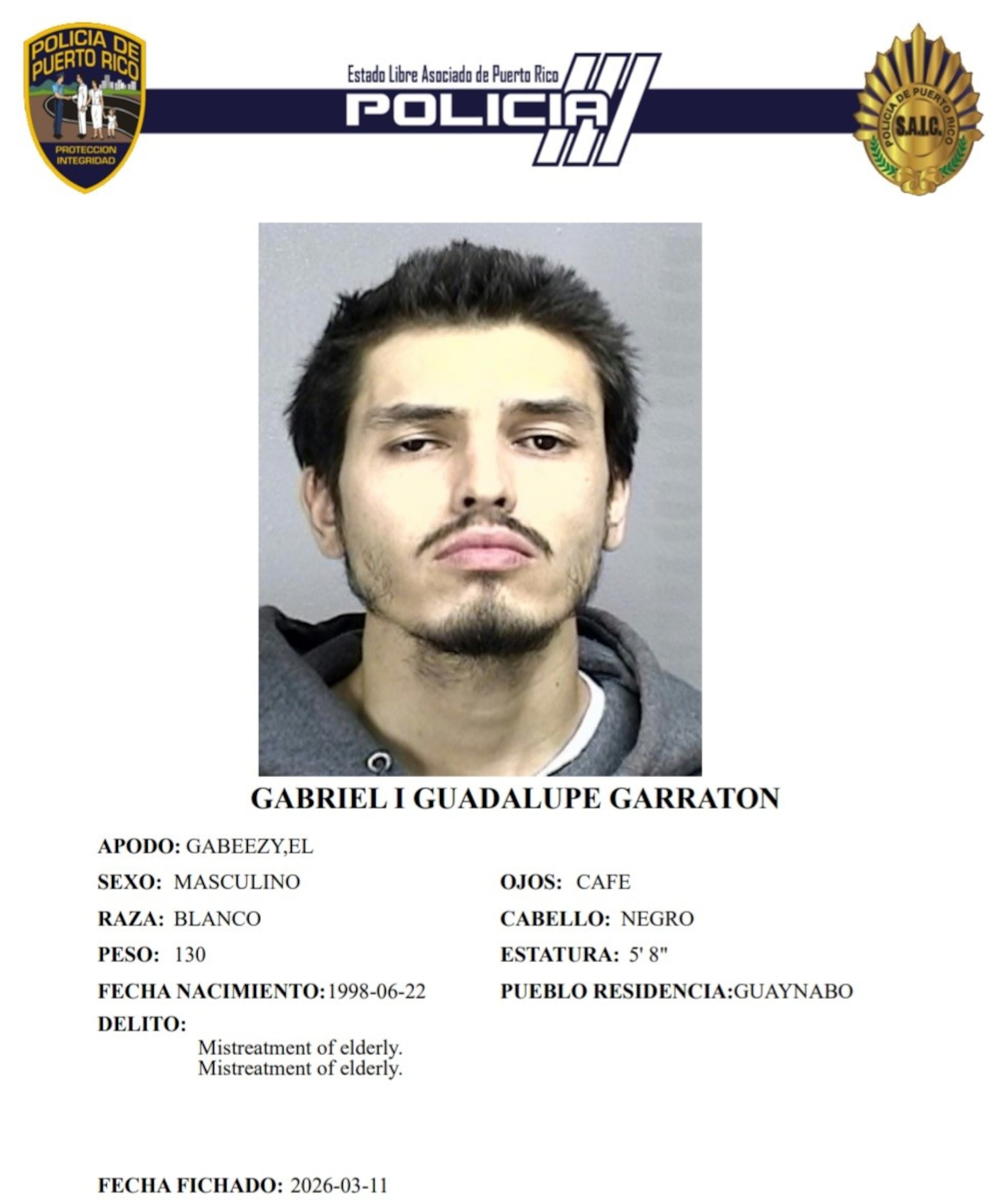 Gabriel I. Gadalupe Garratón, enfrenta dos cargos por maltrato a personas de edad avanzada.