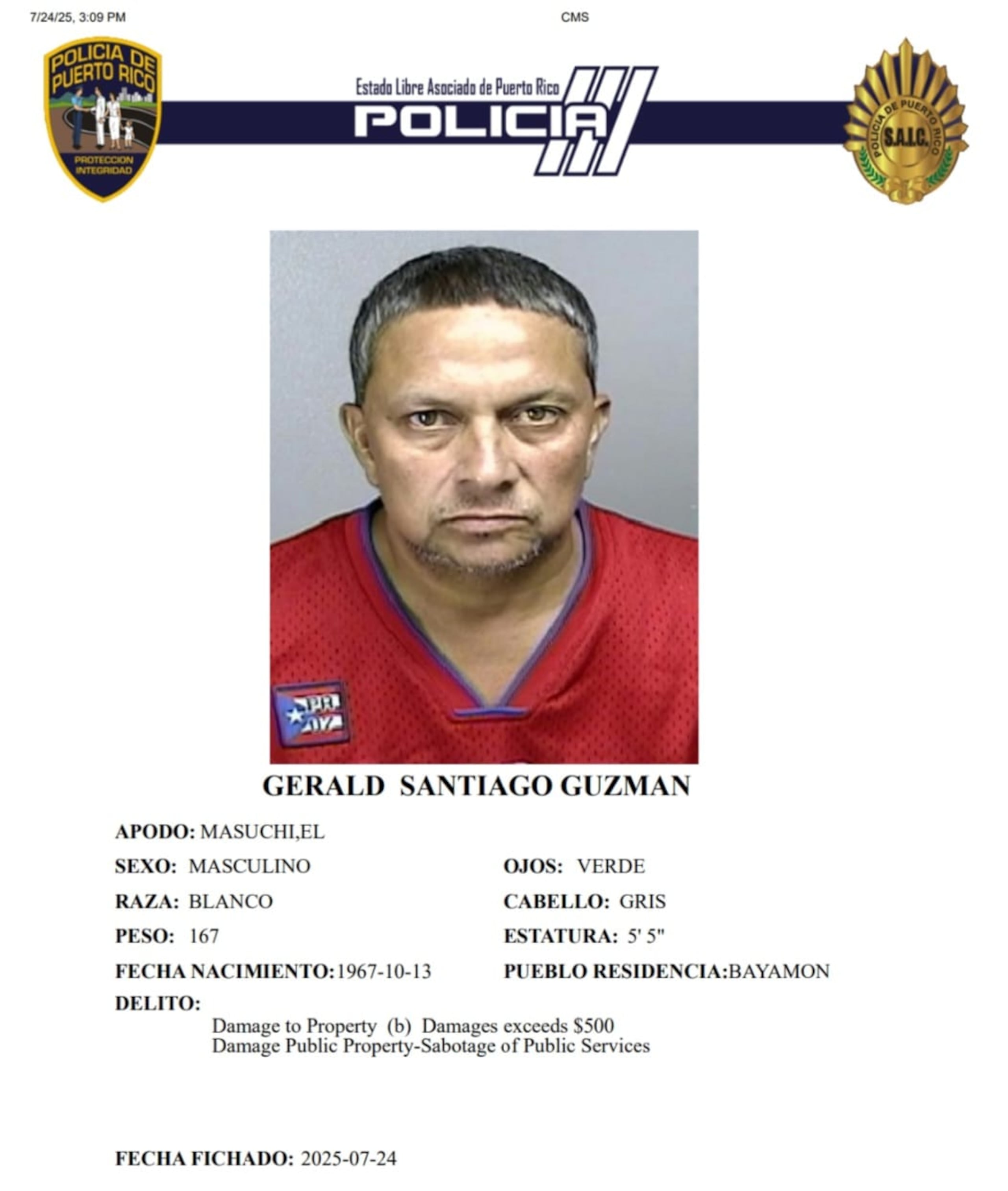 Gerald Santiago Guzmán fue ingresado en el Complejo Correccional de Bayamón, al no prestar la fianza de $16,000.