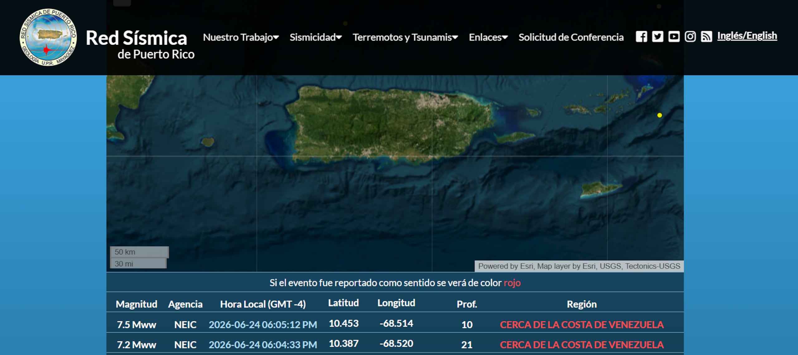 Reporte de la Red Sísmica en Puerto Rico sobre terremotos en Venzuela.